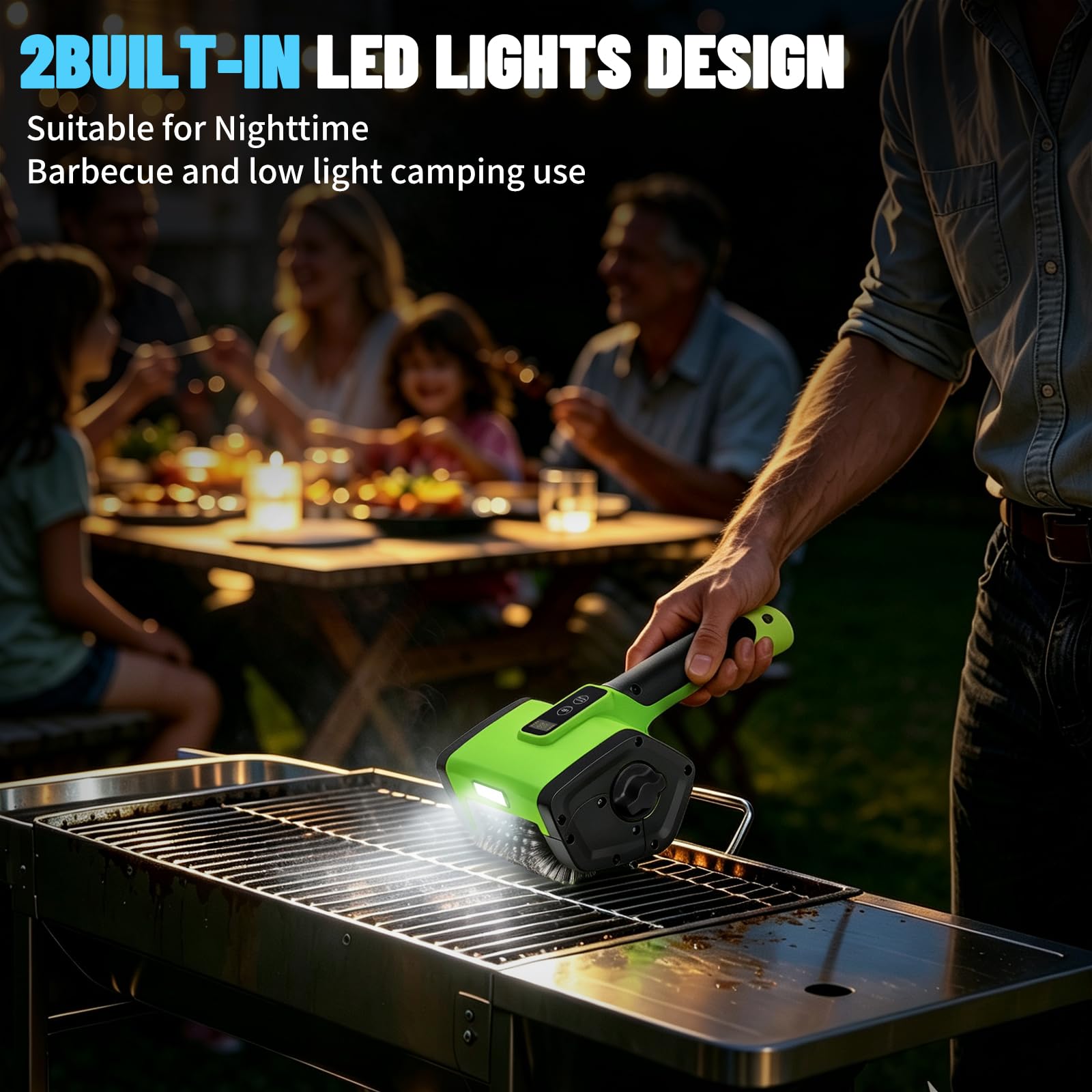 Spazzola elettrica per griglia, 2 velocità, ricaricabile, per barbecue, fino a 160 minuti di autonomia, spazzola in acciaio inox 304, luce LED, 2 testine incluse, la maggior parte delle griglie per