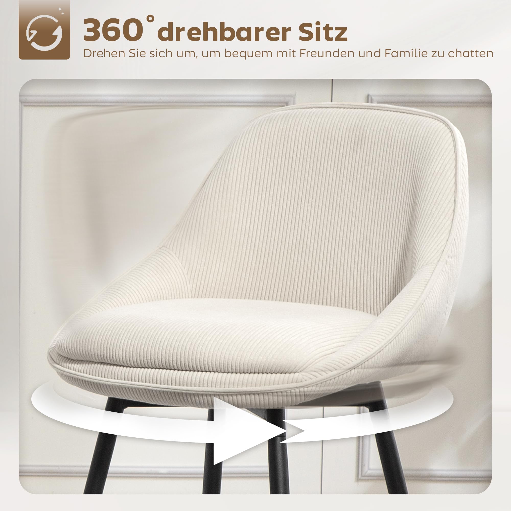 HOMCOM Barhocker 2er Set Drehbar mit Fußstütze Sitzhöhe 65 cm, Creme