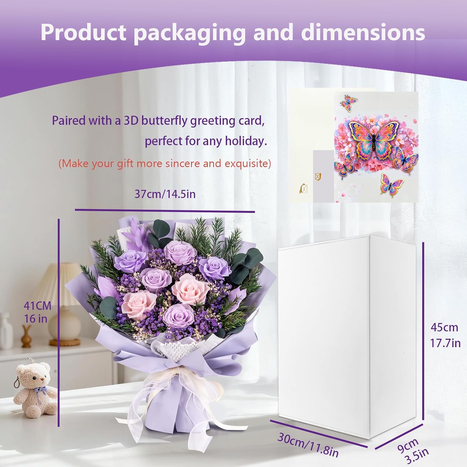 16" Preserved Rose Bouquet with 7 Real Roses – Lasts 3 Years, No Water – Forever Flowers Lavender & Purple Pink Rosas Eternas – Gift for Mother's Day, Anniversary, Birthday – Includes Gift Box & Card - Image 2