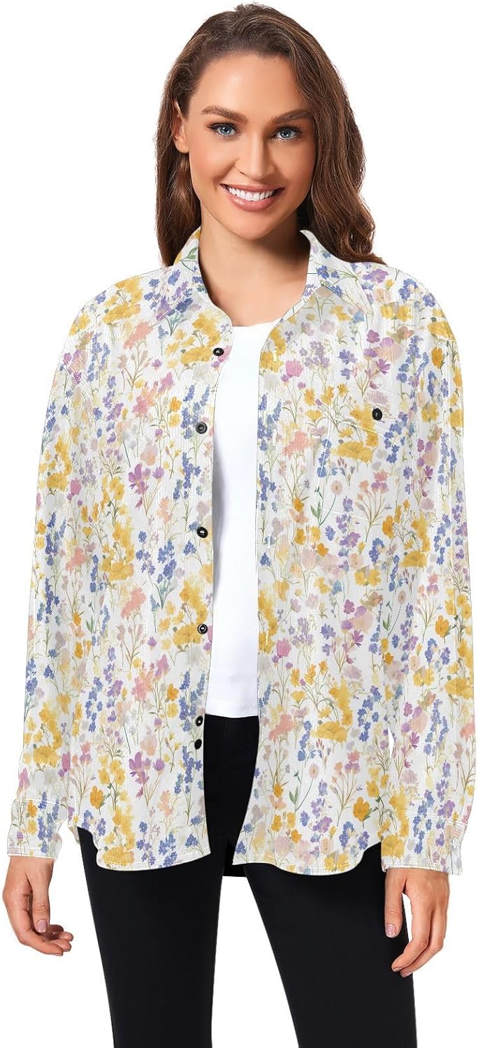 Colorful Wildflowers Pattern Women Men Slim Fit Rugby Shirts Party Long Sleeve Business Work Tops
