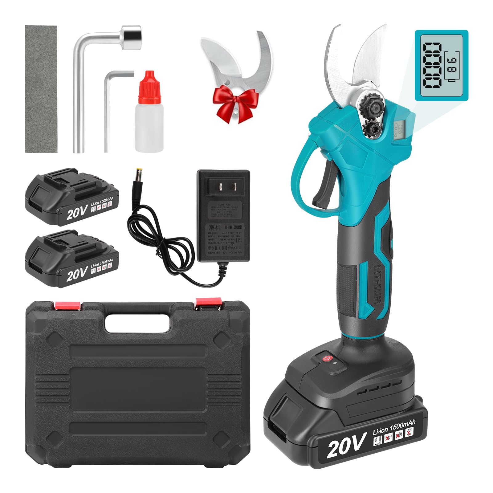 Sécateur électrique professionnel batterie 2x20V 1500mAh, écran LCD, moteur sans balais, coupe max. 30mm, lames SK5, jardinage
