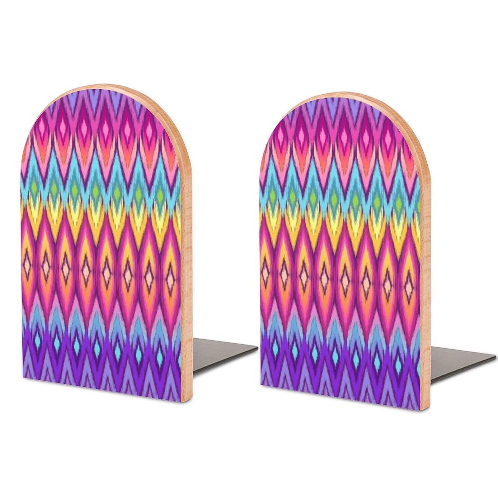 Rainbow Ikat Seamless Background Tile Beech Wood Bookends Heavy Duty Book Organizers Desktop File Holder for Office Home Bookshelf