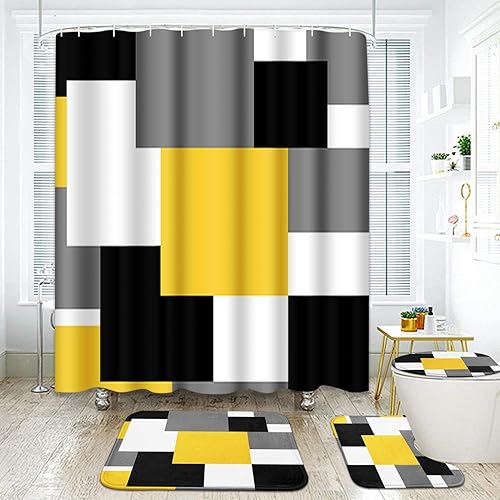 ArtSocket Juego de baño geométrico amarillo con cortina de ducha y accesorios de alfombras, cortina de ducha moderna negra y gris, decoración de