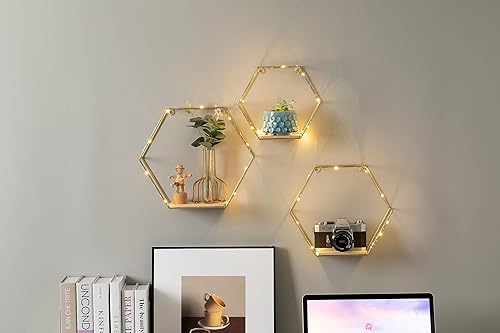 Miniatura 3 de Gold Metal Wire and Wooden Hexagon Floating Shelves Wall Decor, Decorations for Home Shop Bedroom Living Room Bathroom, Set of 3 with LED Lights