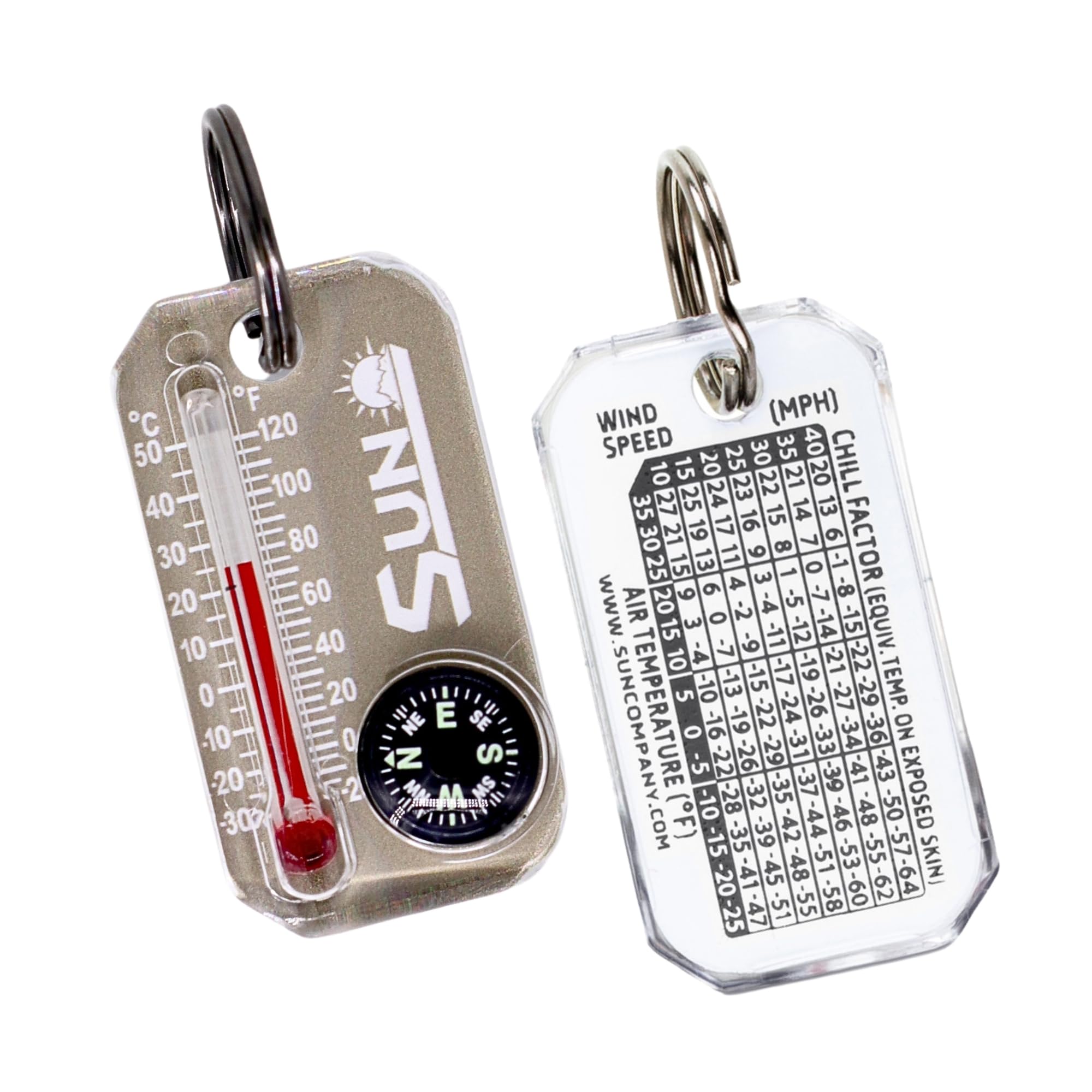 Sun Company Therm-o-Compass | Multi-Functional Zipper Pull Compass & Thermometer with Wind Chill Chart | Ideal for Camping, Hiking, and Outdoor Navigation