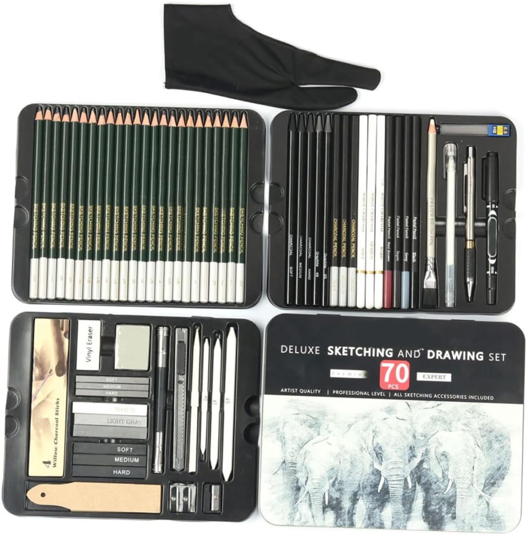 70pcs Drawing Pencil Set with Iron Box, Sketching Pencils Art Supplies for Students and Artists, Graphite and Charcoal Kit for School and Professional Drawing