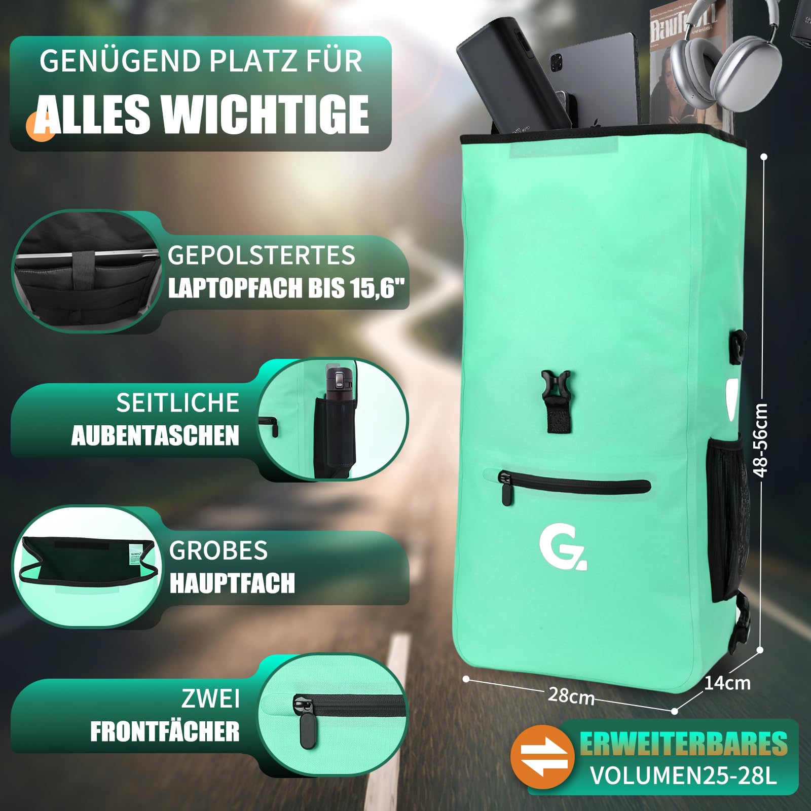 GUOOTU 3in1 Fahrradtasche für Gepäckträger,Fahrradtasche Rucksack 28L,Gepäckträgertasche, wasserdichte & Reflektierende Fahrradtasche - Mit 15.6" Laptopfach (Grün)