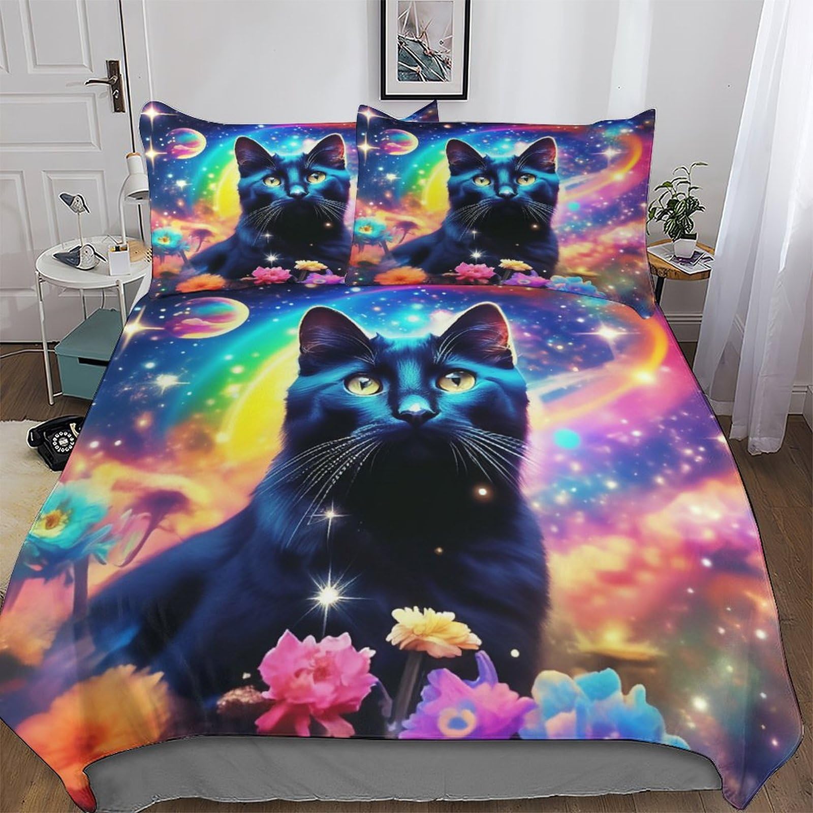 Housse de couette chat 3D anti-plis en microfibre douce king pour lit 2 places