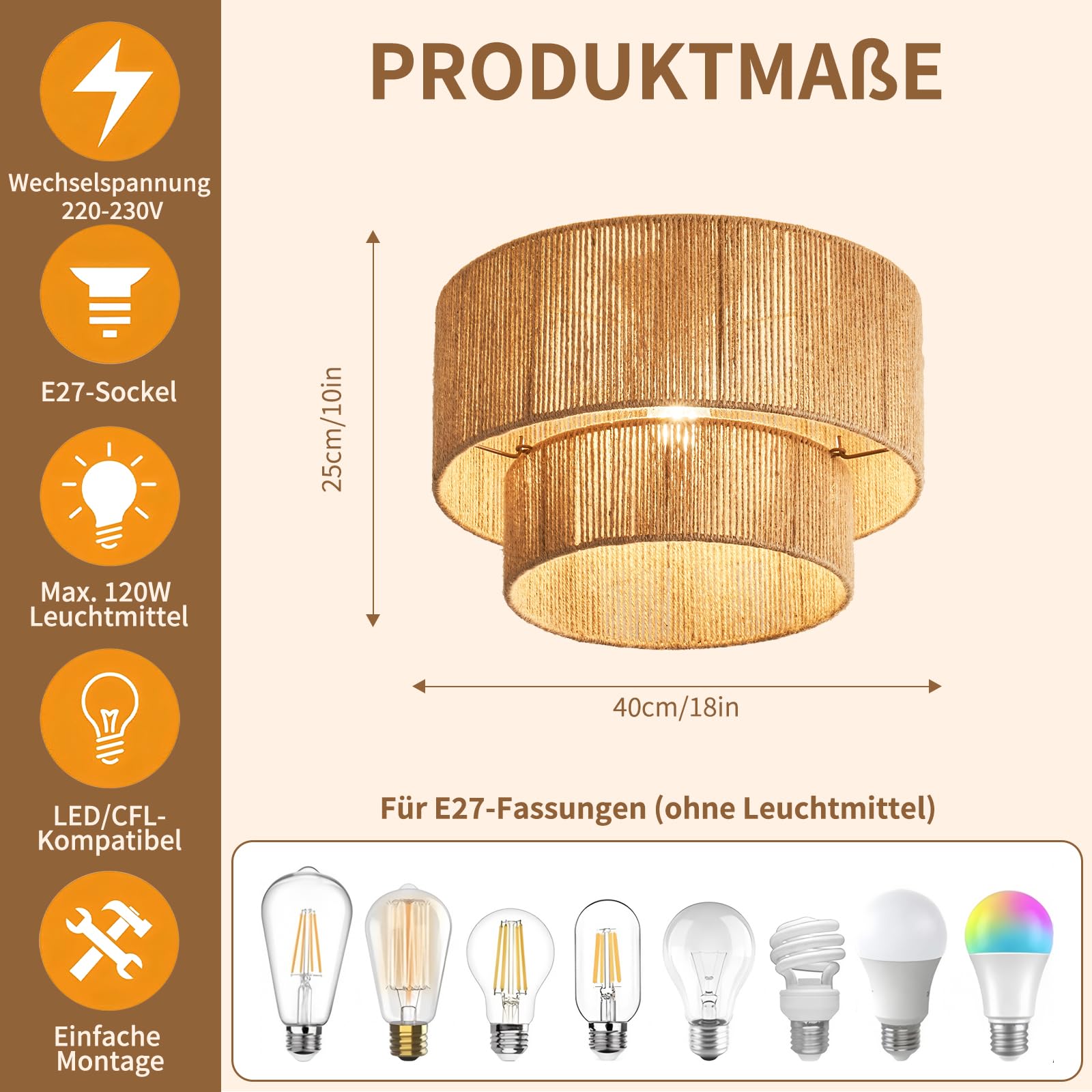 NUODIFAN Boho Deckenlampe aus Juteschnur 40 cm rustikale Jute-Leuchte für Schlafzimmer, Wohnzimmer, Küche, E27 Fassung