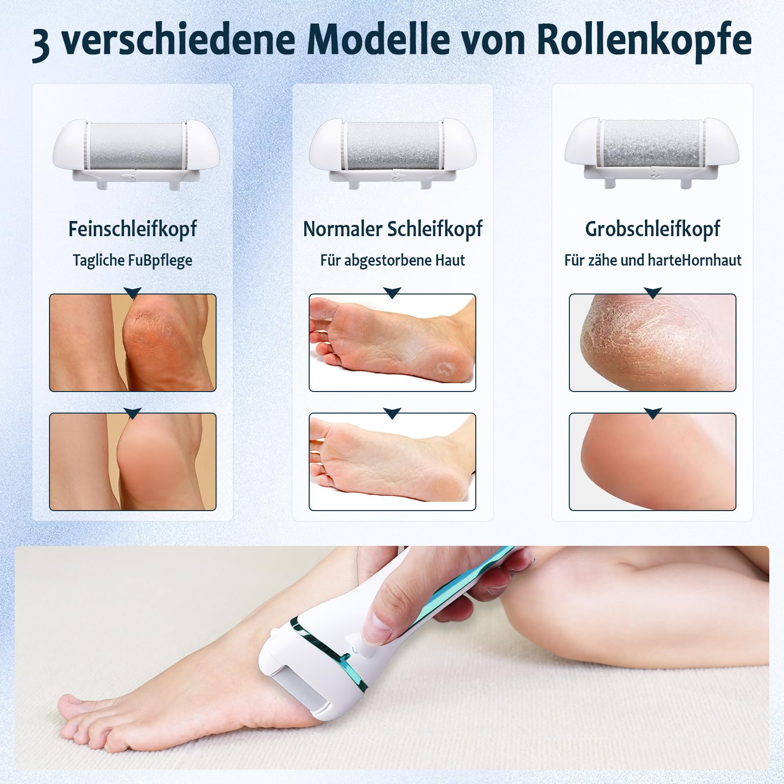 Rapeuse Pieds Electrique avec 3 Rouleaux, 16 en 1 Kit de Pédicure Professionnel Anti-callosités,3 Vitesses Râpe à Pieds Étanche Portable,1200mAH Rechargeable (Bleu)
