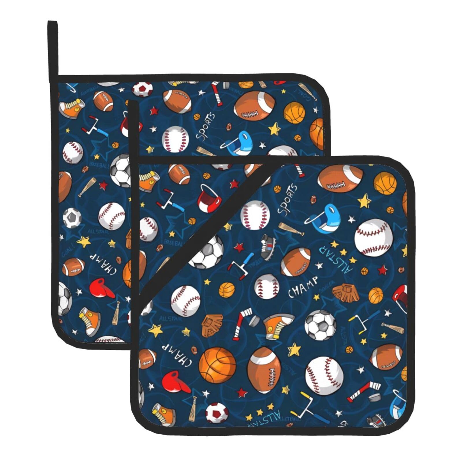 HJFCZH Baseball Basketball Football Hockey Prints Square Hot Pads for Kitchen Counter - Waterproof Pot Holders, Durable Heat Resistant Throw Layers for Serving, Oven & BBQ - 2 Pack