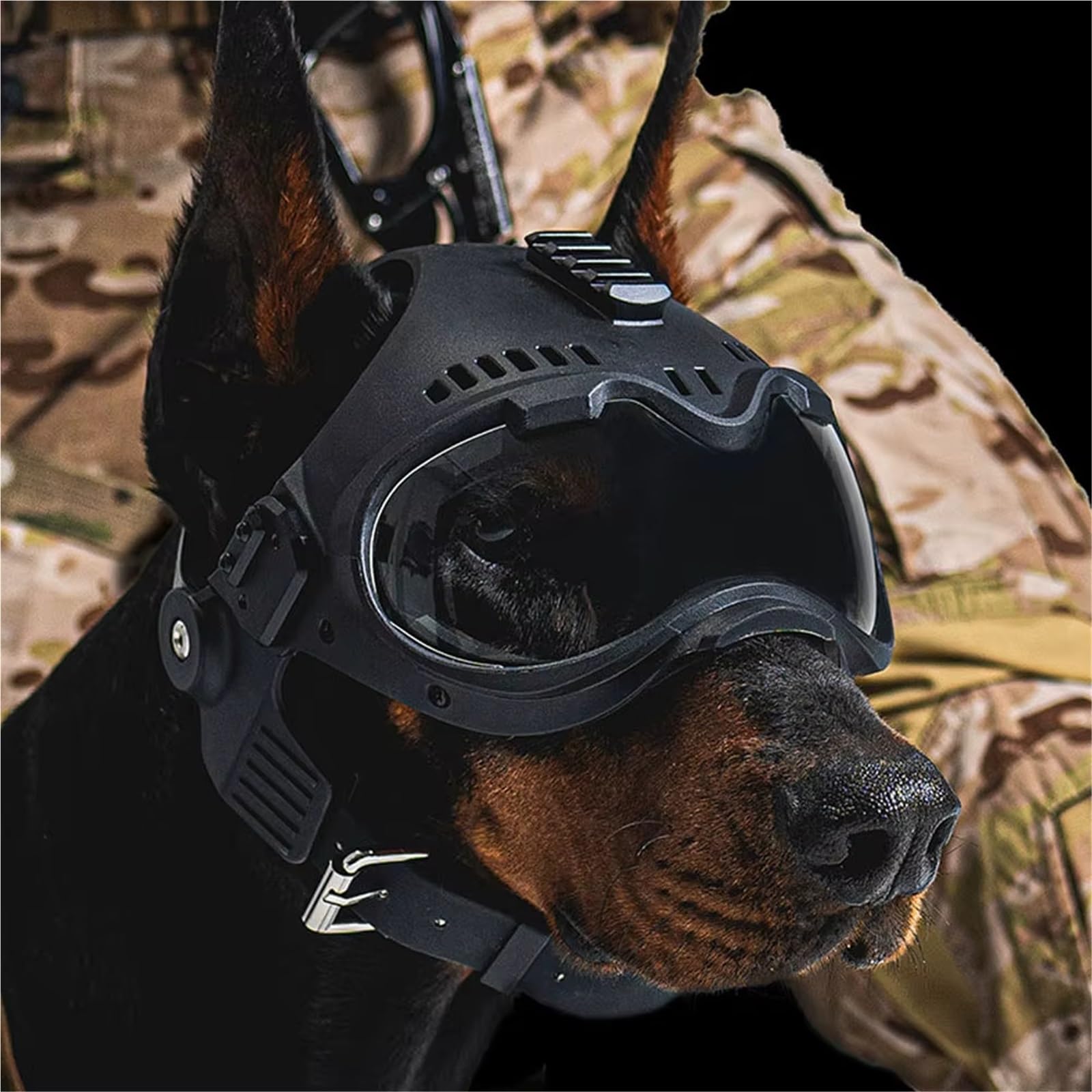 Casco Táctico Perros con Gafas Protectoras Pastor Alemán Casco Ajustable Perros Orejeras Extraíbles, 2 Lentes, Riel Picatinny Almohadillas EVA para Perros Trabajo Razas Medianas