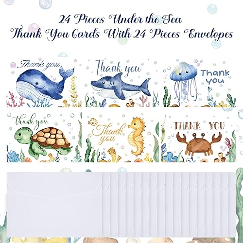 Miniatura 2 de 24 juegos de tarjetas de agradecimiento bajo el mar con sobres, ballena, tiburón y tortuga, notas de agradecimiento de acuarela oceánica, tarjetas