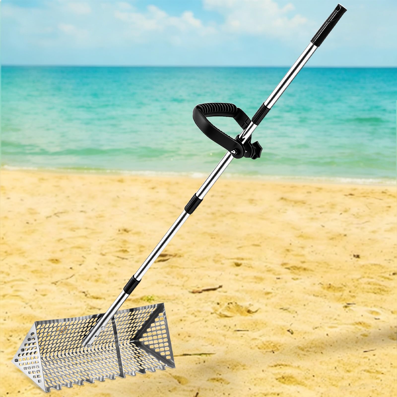 Rastrello per pulci di sabbia, in acciaio inox, larghezza 40,6 cm, setaccio per denti di squalo, conchiglie e granchi di sabbia, design pieghevole con schermo di scarico