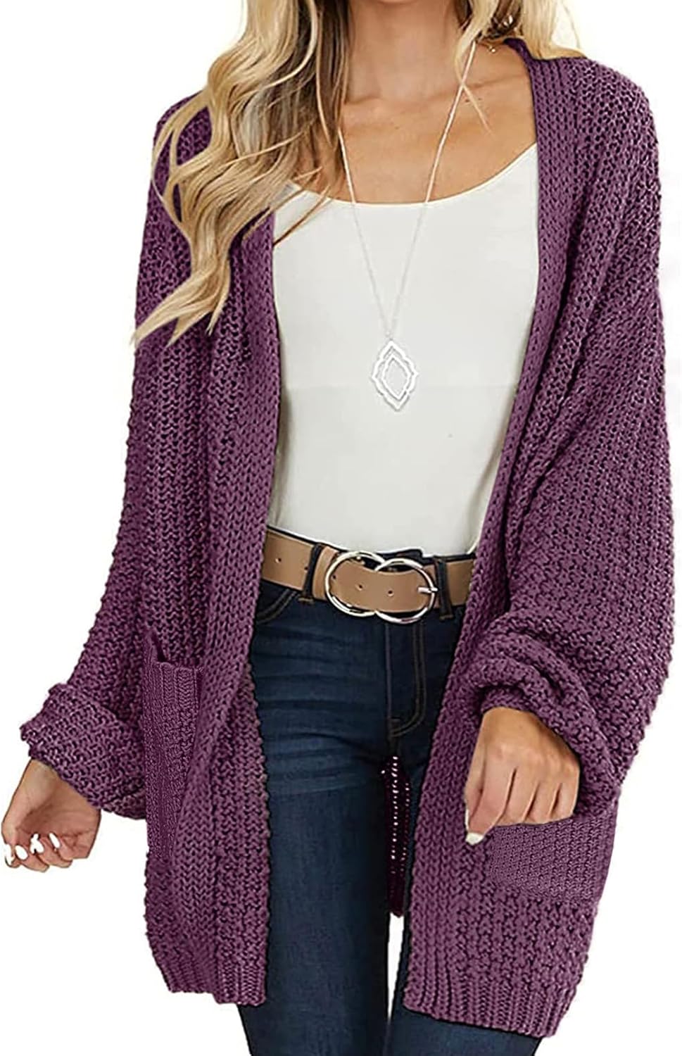 MEROKEETY Women's 2025 Fall Open Front Chunky Knit Sweater Oversized Lantern Sleeve Cardigan Outwear