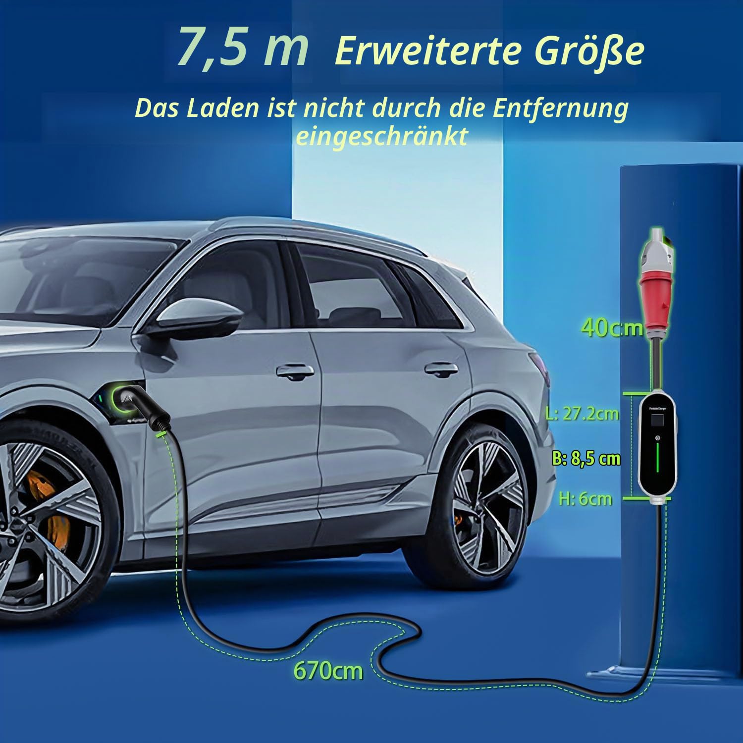 Mobile Wallbox 11kW [7.5m 3-Phasig 8-16A] Ladekabel CEE 16A auf Typ 2 11KW mit Einstellbarer Ladeleistung für Elektroautos