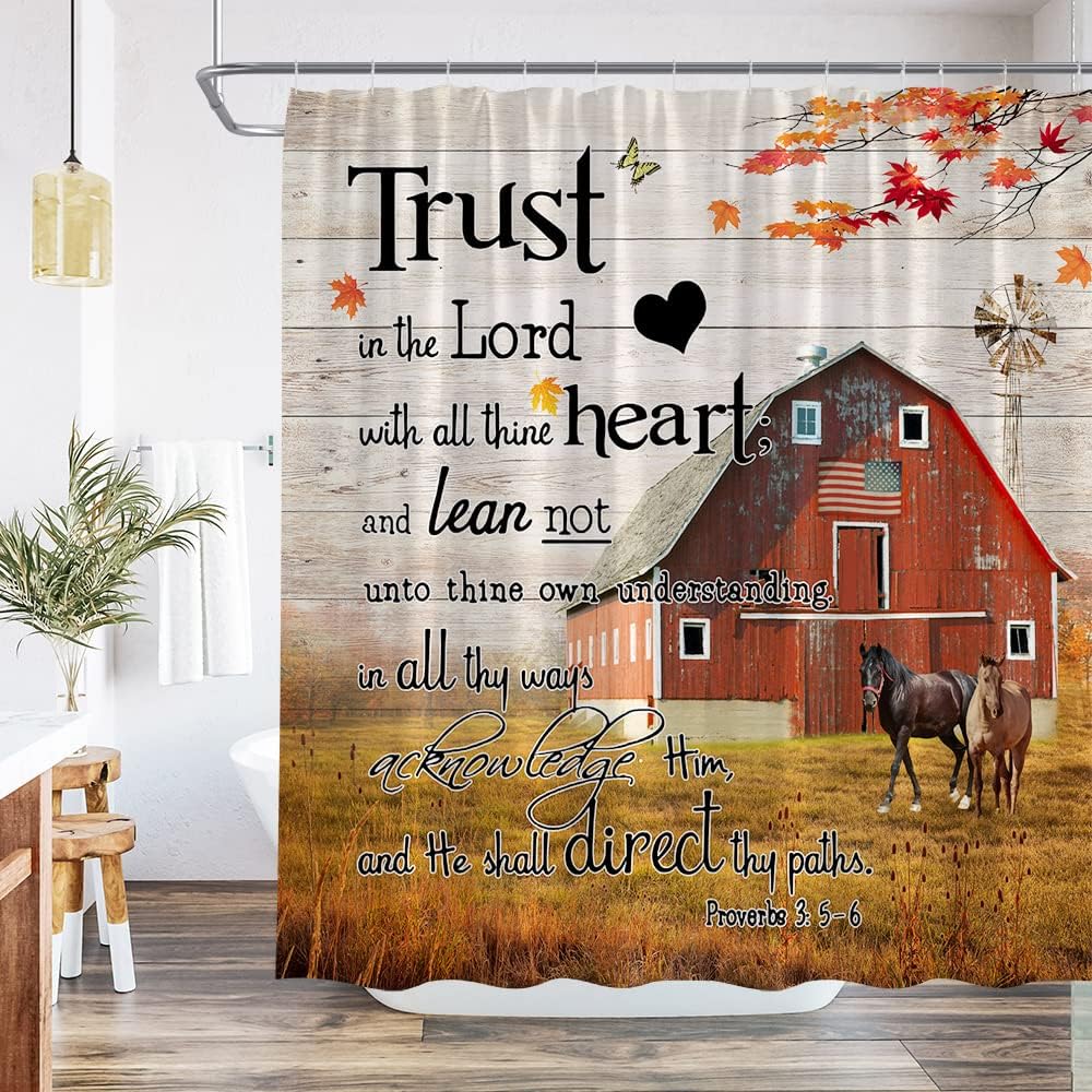 Rustic Farmhouse Horse Barn Windmill Shower Curtain Inspirational Quote Farm Animal Maple Leaf Motivational Words Vintage Wooden Plank Fall Scenic Fabric Bathroom Set with Hook 84Wx70H Inch