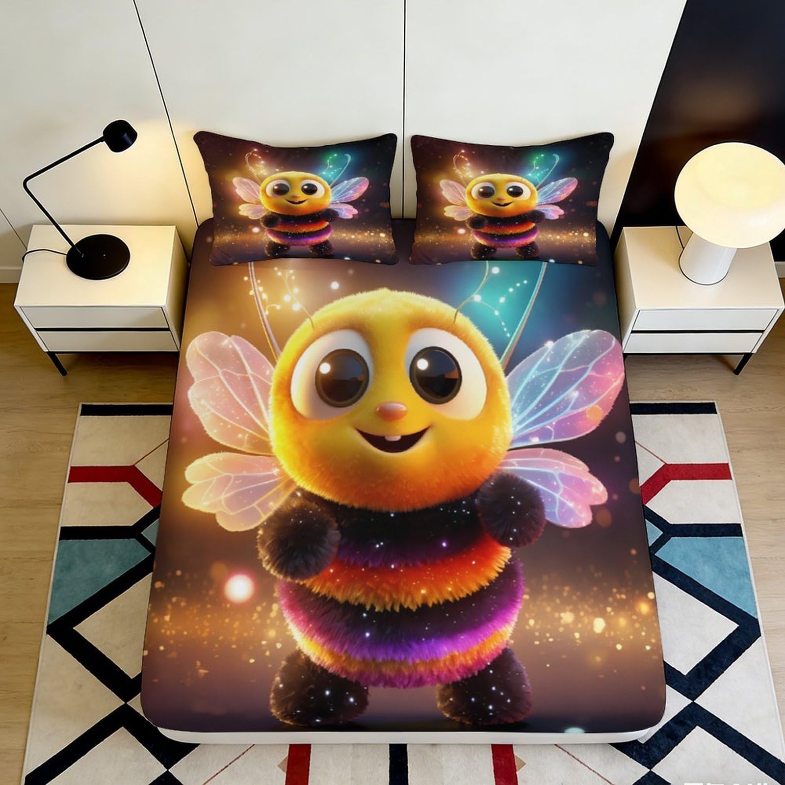3D Printed Cute Bee Fitted Sheet Microfiber Soft Cartoon Insect Bed Sheet for Bedroom Dorm Mattress Cover Decor 90x200x25cm