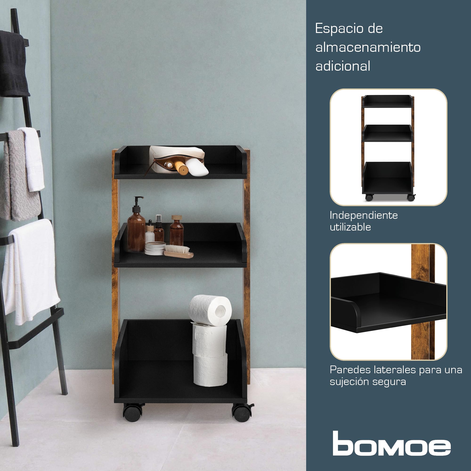 bomoe Carro de Cocina con 4 Ruedas bloqueables y 3 estantes Bosse - Madera FSC® Carro para Servir Carro para Manualidades Mesa Mueble Auxiliar Cocina 32x35x69cm Negro y Marrón