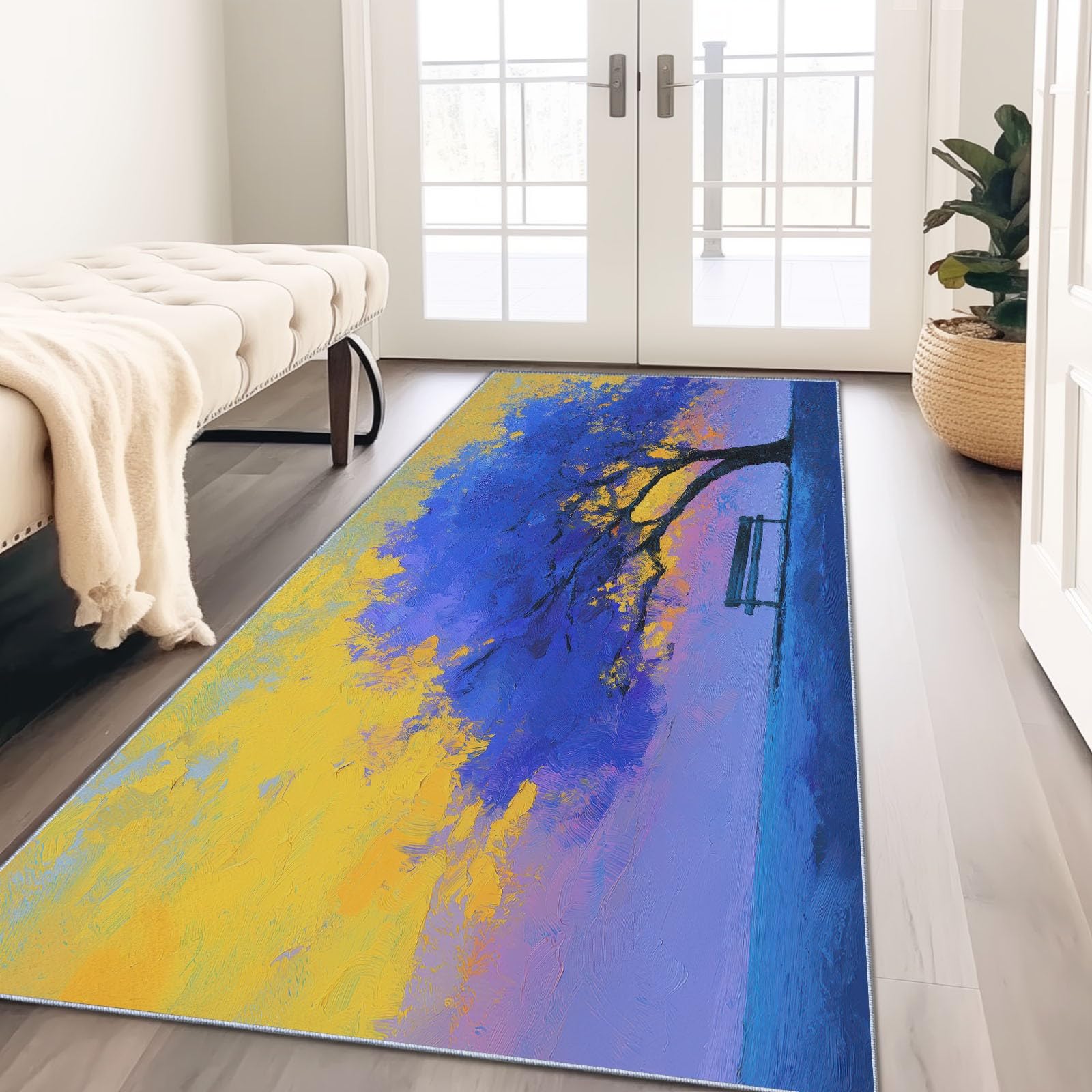 Bieżnik dywanowy 60 x 240 cm – miękki dywan z krótkim włosiem, abstrakcyjny obraz olejny, niebieskie drzewo, bieżnik do korytarza, sypialni, pokoju dziecięcego, salonu, kuchni, bieżnik dekoracyjny