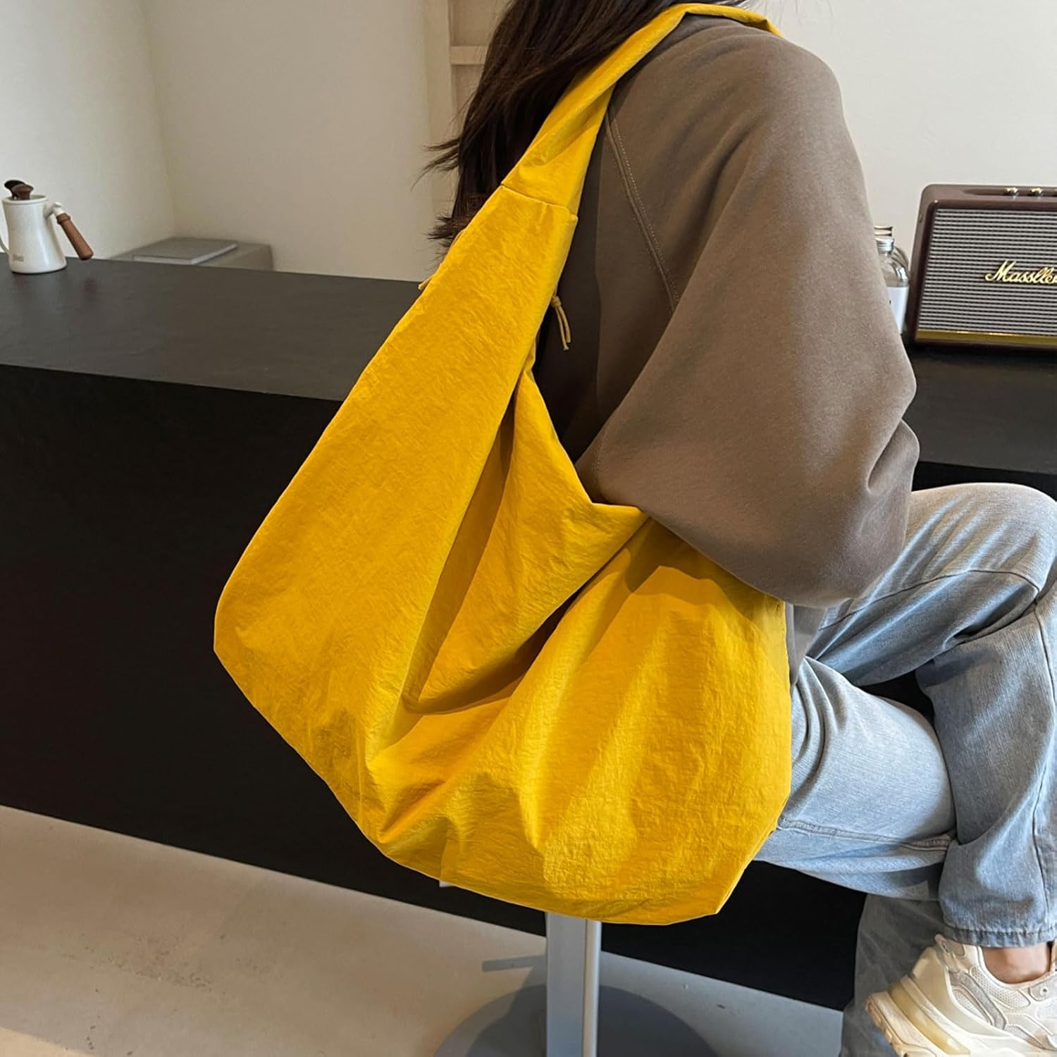 Nylon Tote Bag Large Plain Casual Shoulder Bag Stachel Laptop Bag Travel Daypacks (Yellow)