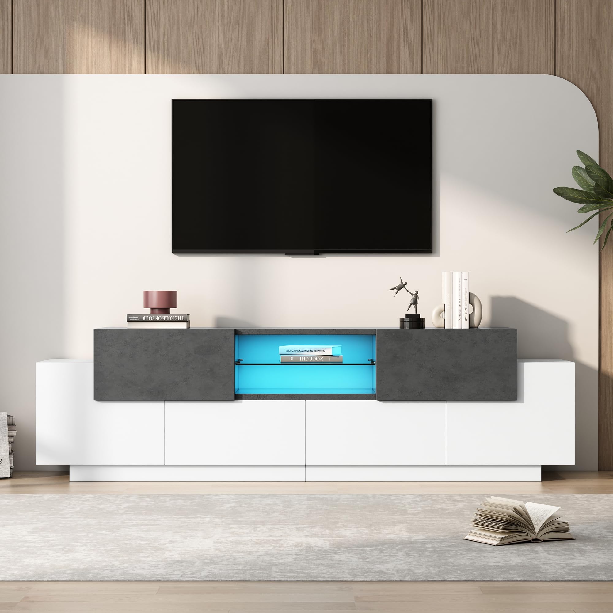Azkoeesy Mobile TV con illuminazione a LED, 180 cm, colore bianco e grigio marmo, moderna console TV con ripiani in vetro e molto spazio per il soggiorno (4 ante + 2 cassetti)