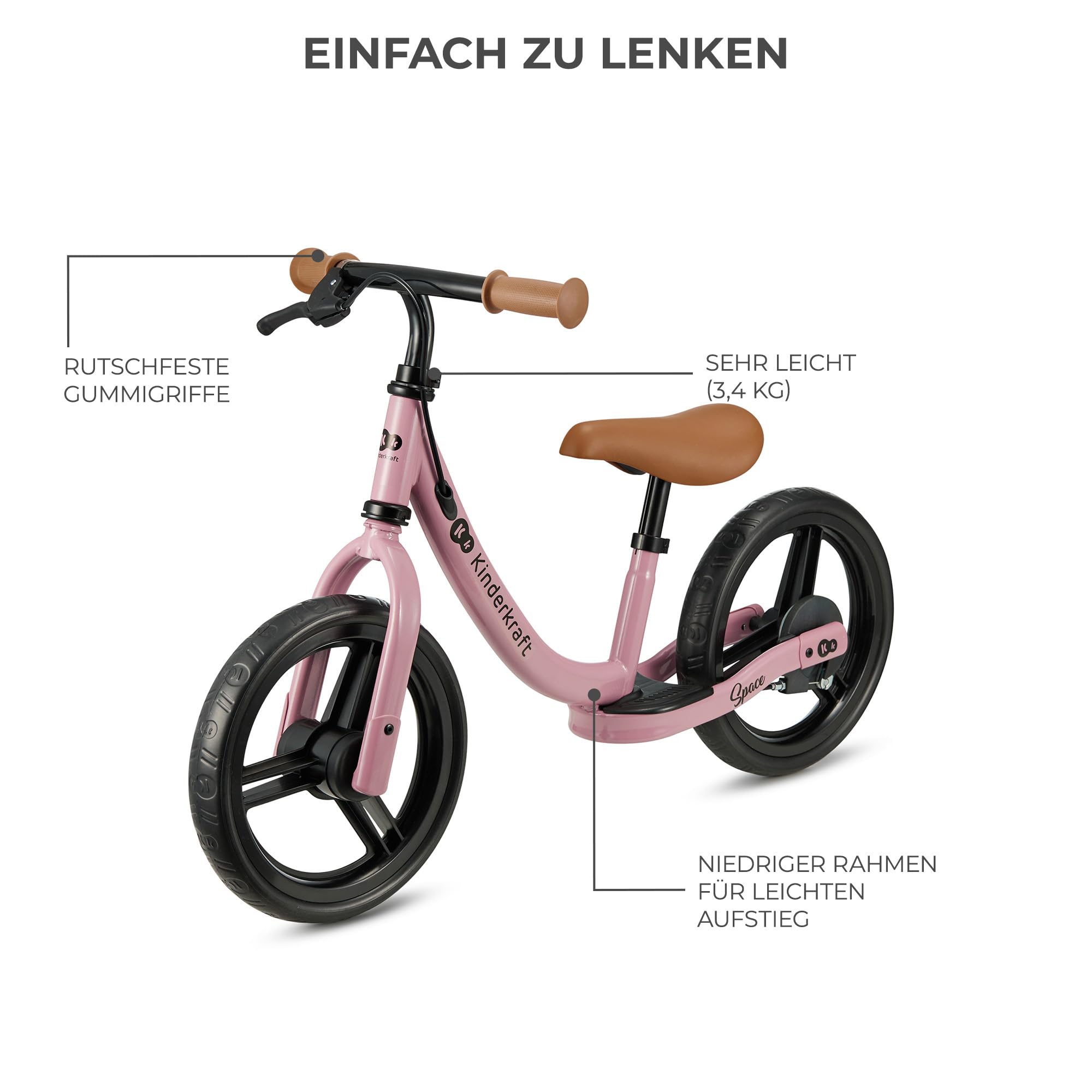 Kinderkraft SPACE2 Laufrad, Lernlaufrad, Kinderlaufrad, Höhenverstellbarer Sattel, 12 Zoll Räder, Metall, ab 2 Jahre, Modernes Design