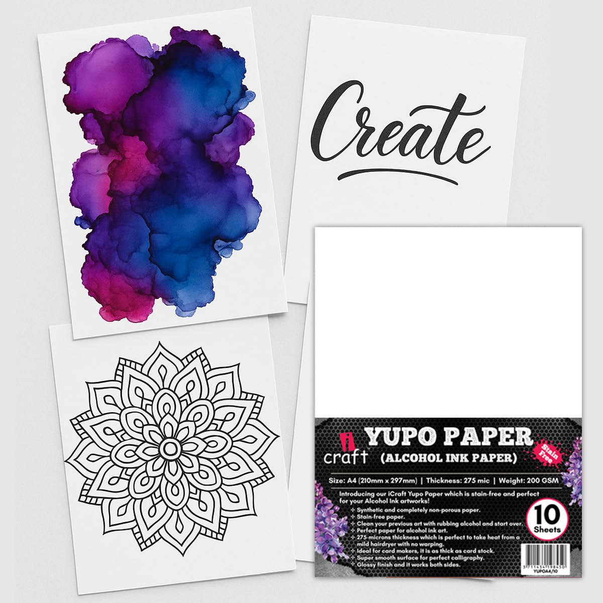 iCraft Calligraphy Paper: A4 Alcohol Ink Yupo Paper Sheets, 275 Micron Thick, 200 GSM, Non-Porous Glossy Alcohol Ink Sheet for Mixed Media, Art, Card Making, and Crafting, 10 Sheets
