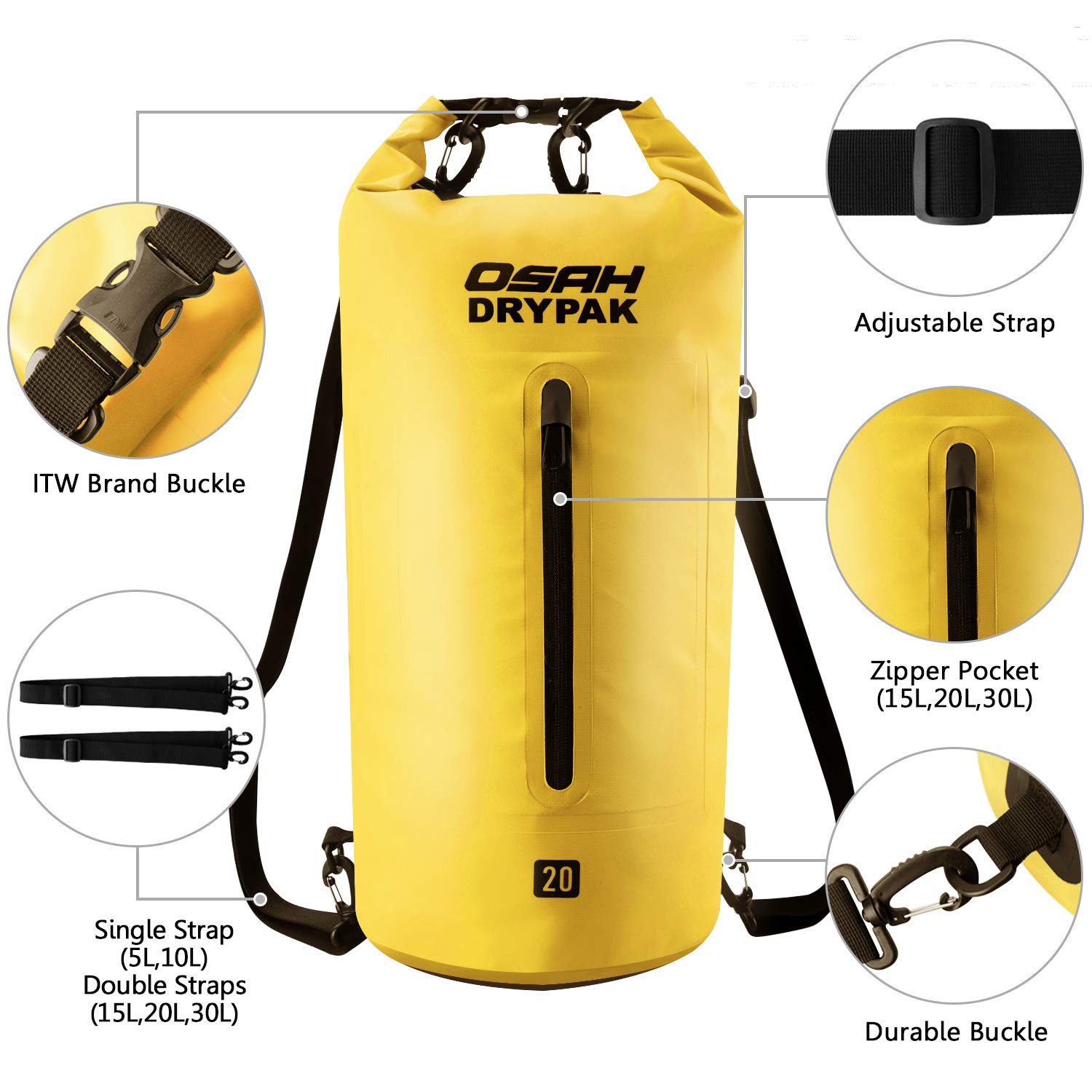 OSAH DRYPAK Borse Impermeabile Sacca Dry Bag 5L 10L 15L 20L 30L con Tracolla Regolabile per Spiaggia Sport d'Acqua Trekking Kayak Canoa Pesca Rafting Nuoto Campeggio
