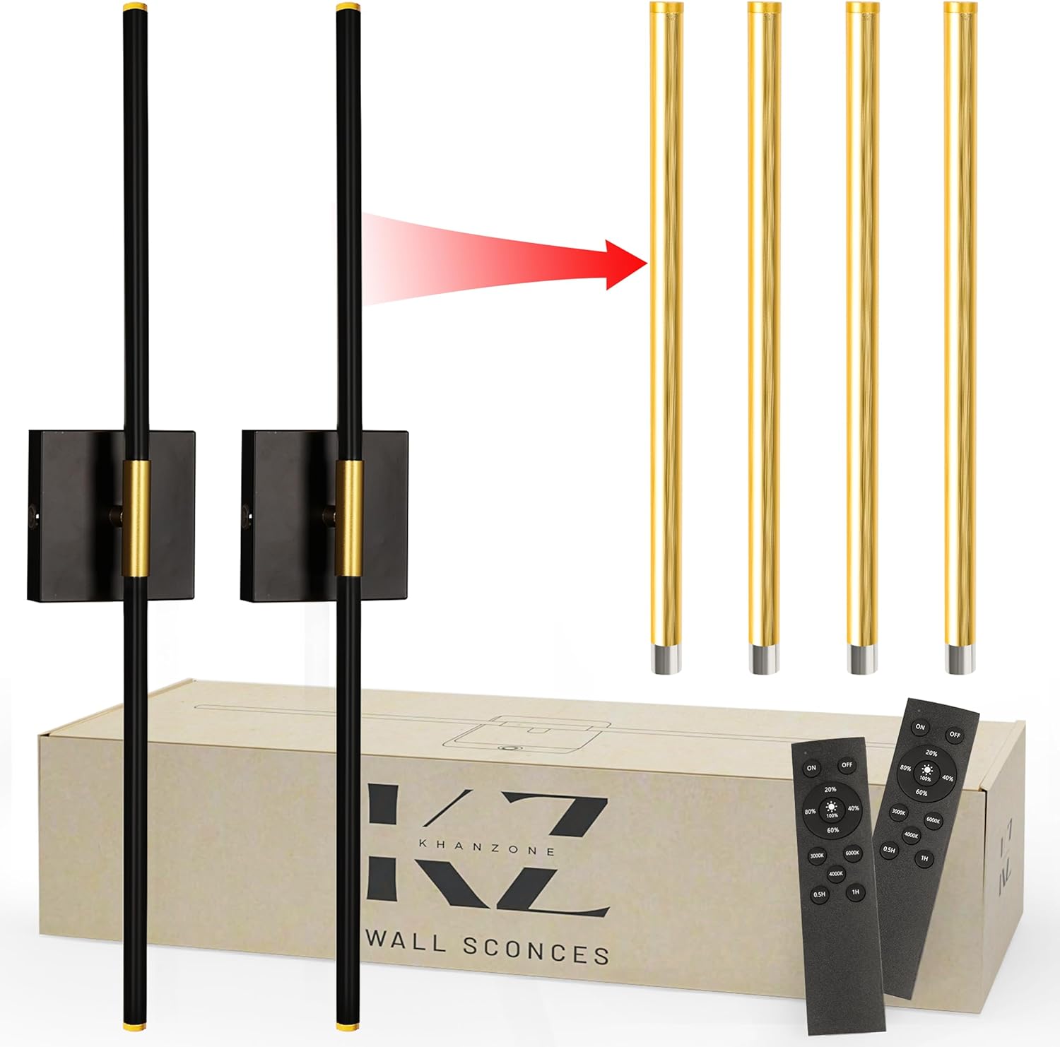 Battery Operated Wall Sconces Set of 2 with Interchangeable Black/Gold LED Bars, 2 Styles, 28 Inch, 10000mAh Long Lasting Rechargeable Battery, Magnetic Mount, 360° Rotating, Dimmable, Remote Control