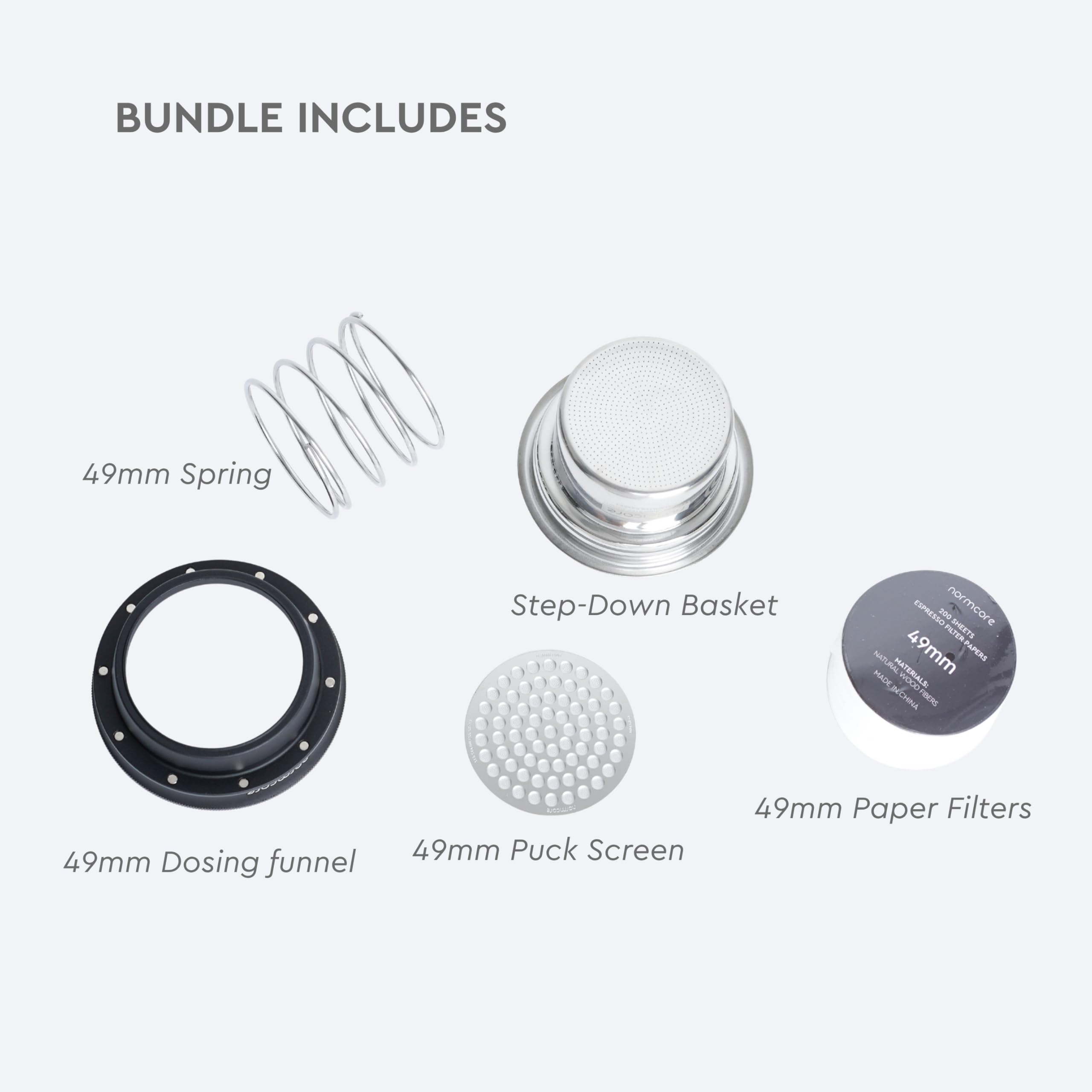 Normcore Kit portafiltro step-down, 58 mm su 49 mm, foro ad alto flusso da 0,18 mm, adatto per portafiltro da 58 mm, imbuto da 49 mm, schermo da 0,8 mm, 200 filtri di carta