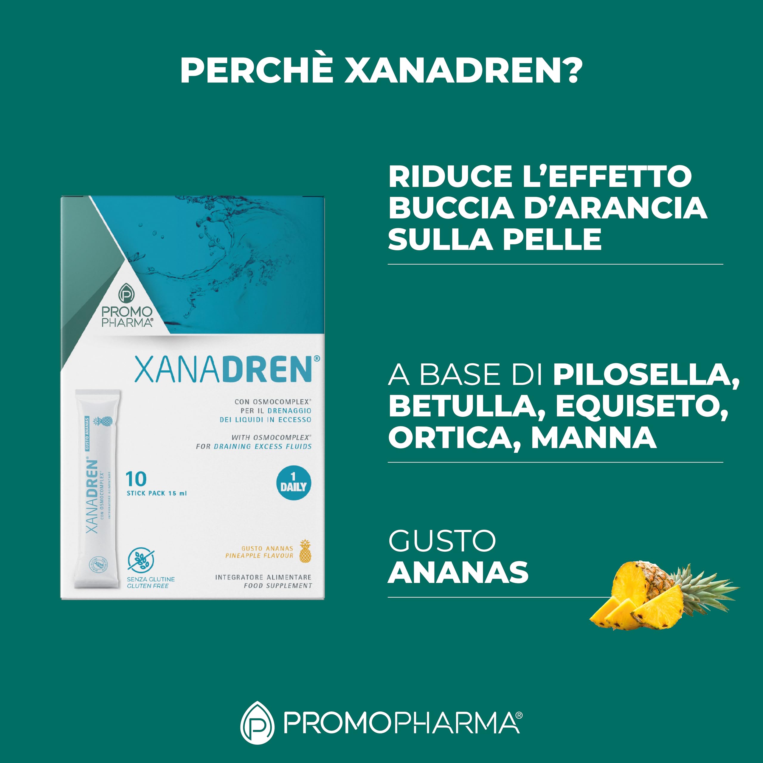 Xanadren MD - Integratore Alimentare, con Betulla, pilosella, equiseto, ortica - Per drenare liquidi in eccesso e favorire i naturali processi di diuresi - Ananas, 10 stick da 15 ml