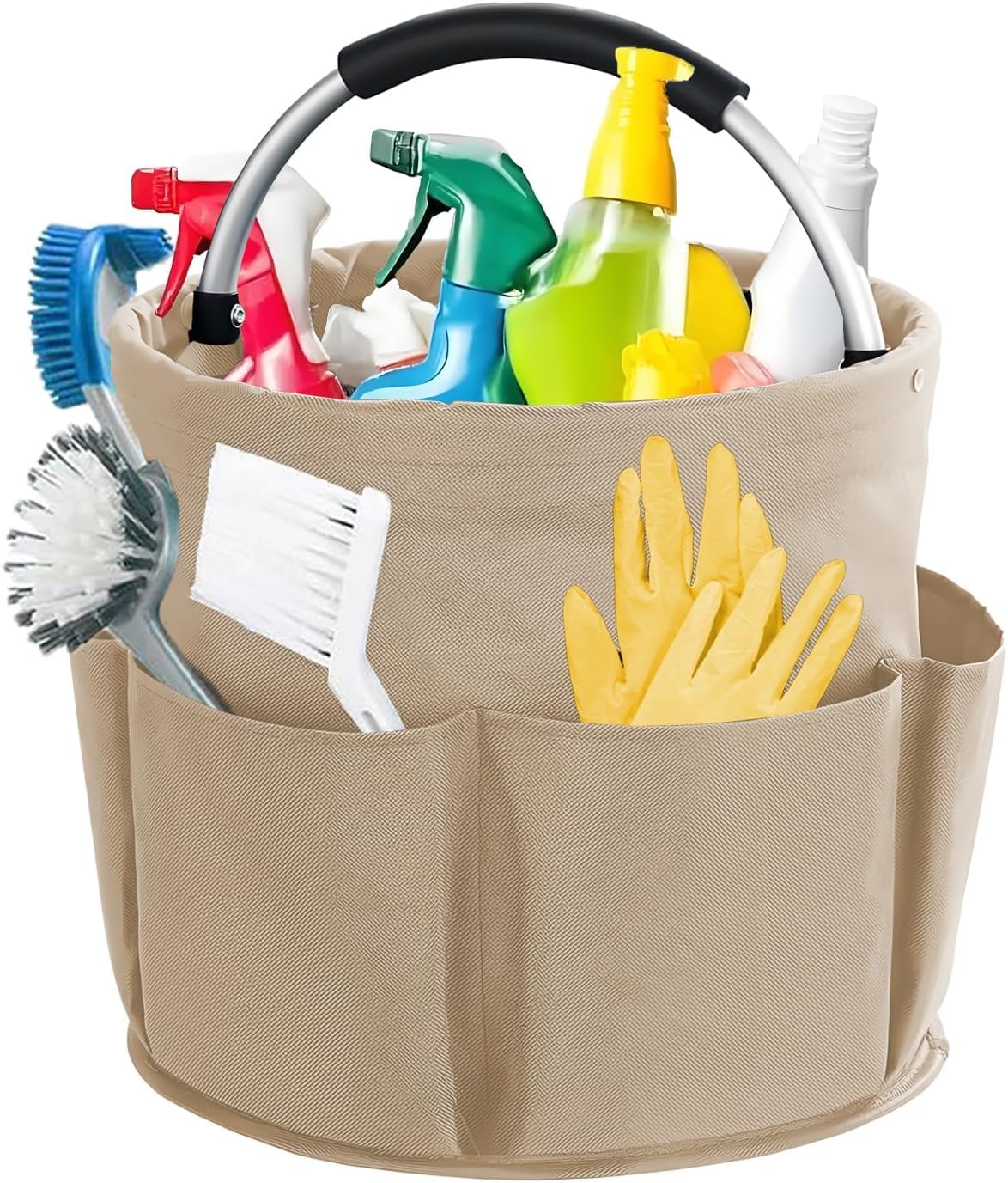 LINGMING Khaki Foldable Cleaning Caddy with Handle, Multi-Pocket Organiser Basket for Cleaning Supplies, Portable Space Saving Storage Tote-Ling