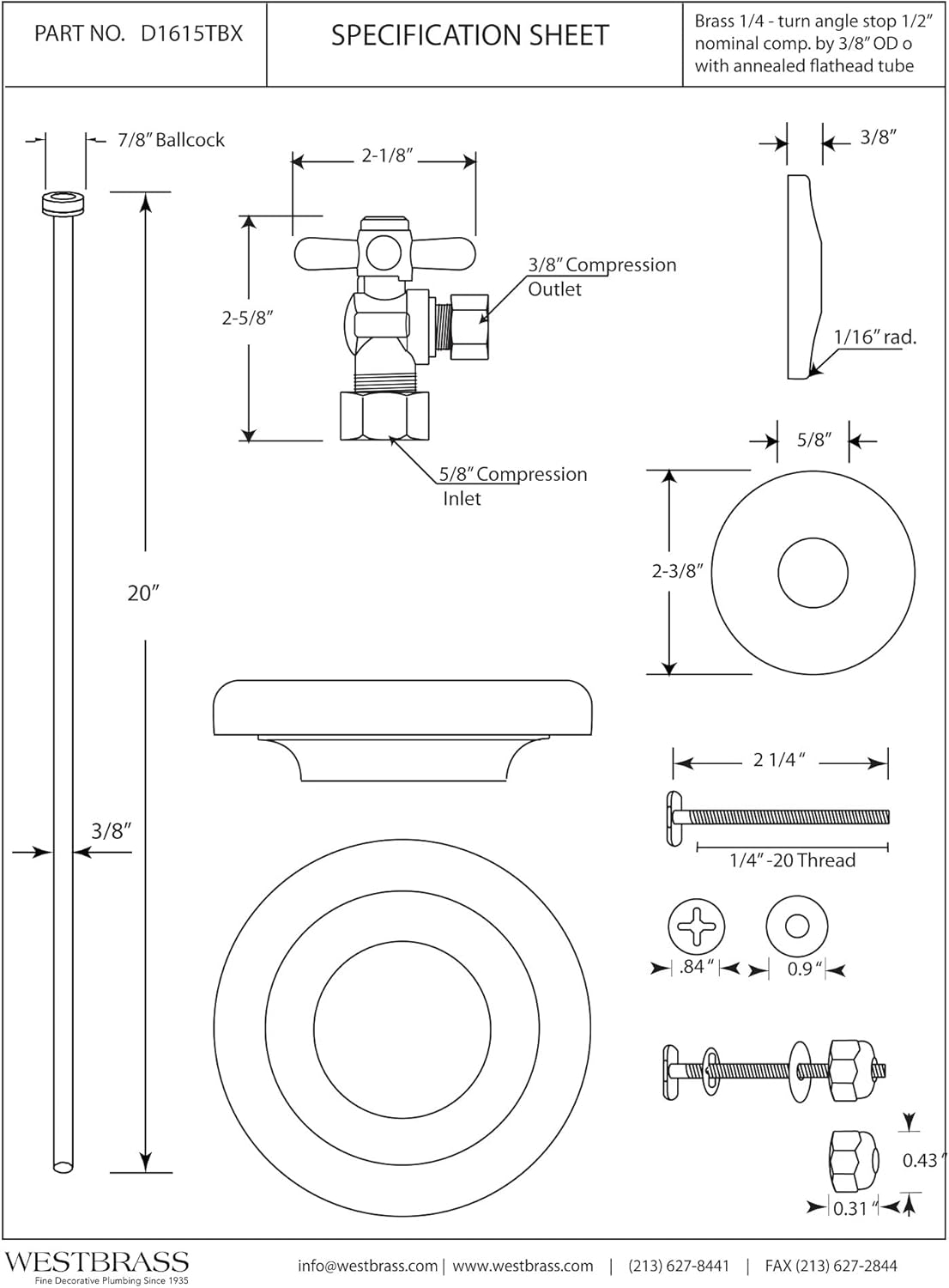 Westbrass D1615TBX-07 Toilet Installation Kit with with Wax Ring Gasket, Closet Bolts, 1/4-Turn 1/2" IPS Cross Handle Angle Stop, Supply Line Riser and Flange, Satin Nickel