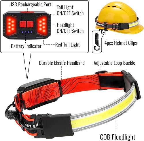 Miniatura 2 de LED Headlamp Flashlight, 1000LM 230Wide-Beam USB Rechargeable Head Light with Taillight(Individual Control) & 16 Clips Waterproof Headlight