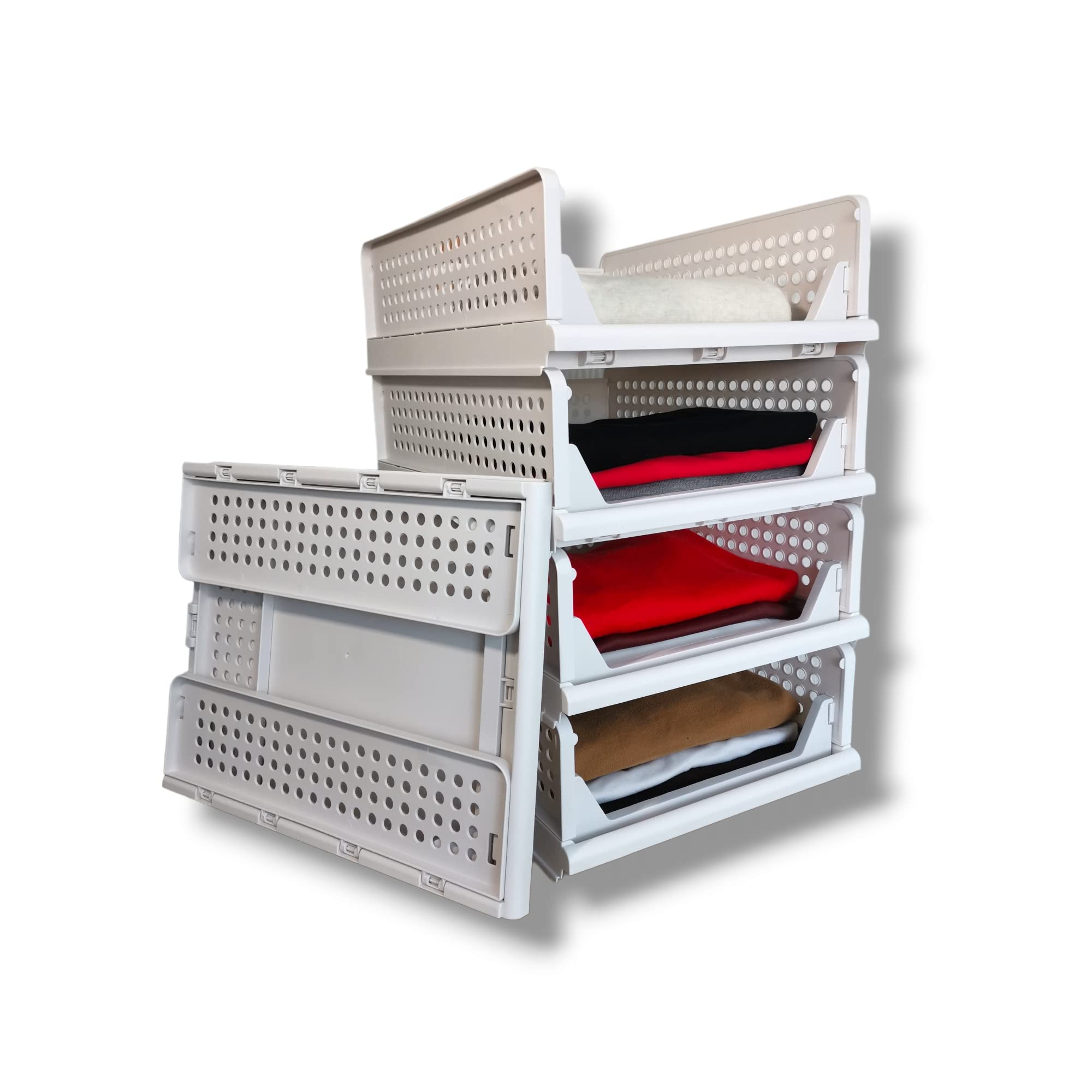 Blazonn set of 4 stackable foldable wardrobe organiser storage plastic box shelf divider separator for clothes wardrobe kids toys home office cupboard kitchen off- white colour small (43x32x14)