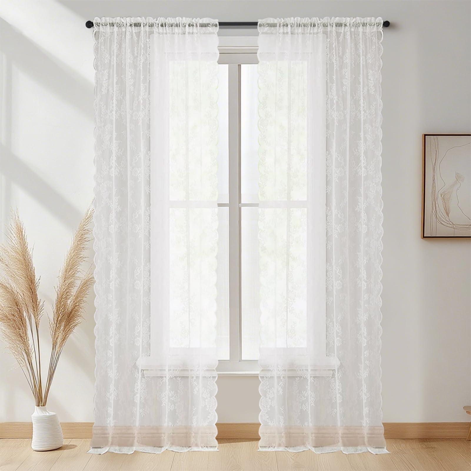NAKIHOUSE Lace Voile Curtain, 2 Panels Net Curtains for Windows 96 Drop, Elegant Slot Top Sheer Curtains
