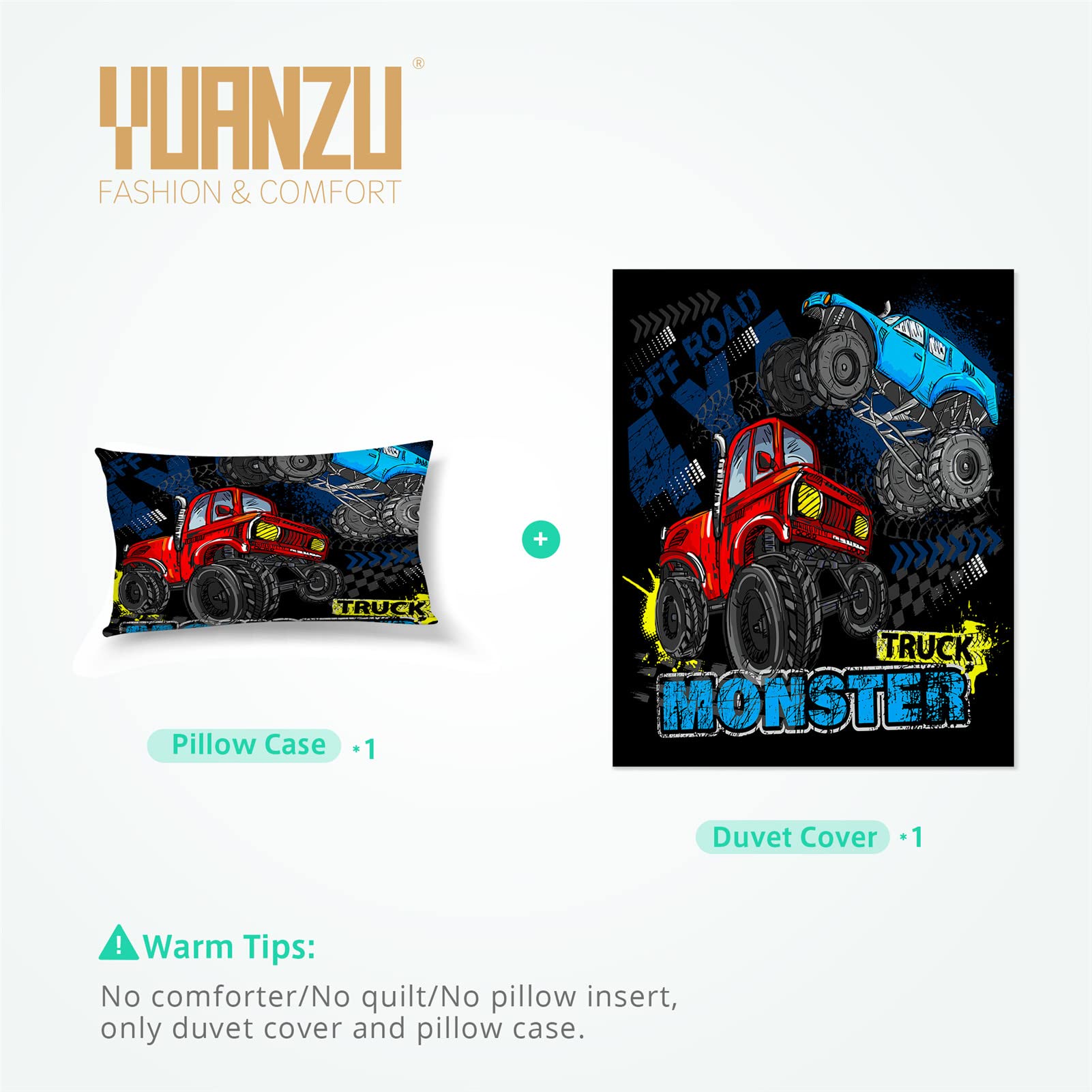 YUANZU Truck Duvet Cover Set Single for Kids Boys Teens Comforter Bedding Set 2 Pieces Blue Red Monster Truck Printed Soft Microfiber Quilt Cover with Zipper Closure (135x200cm & 1Pillowcase) - Image 4