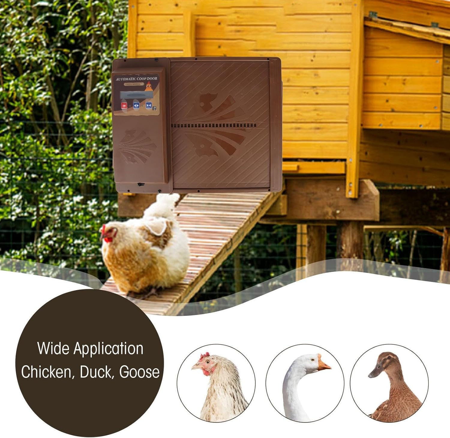 Close-up of the Jectse Automatic Chicken Coop Door's LED display and control buttons.