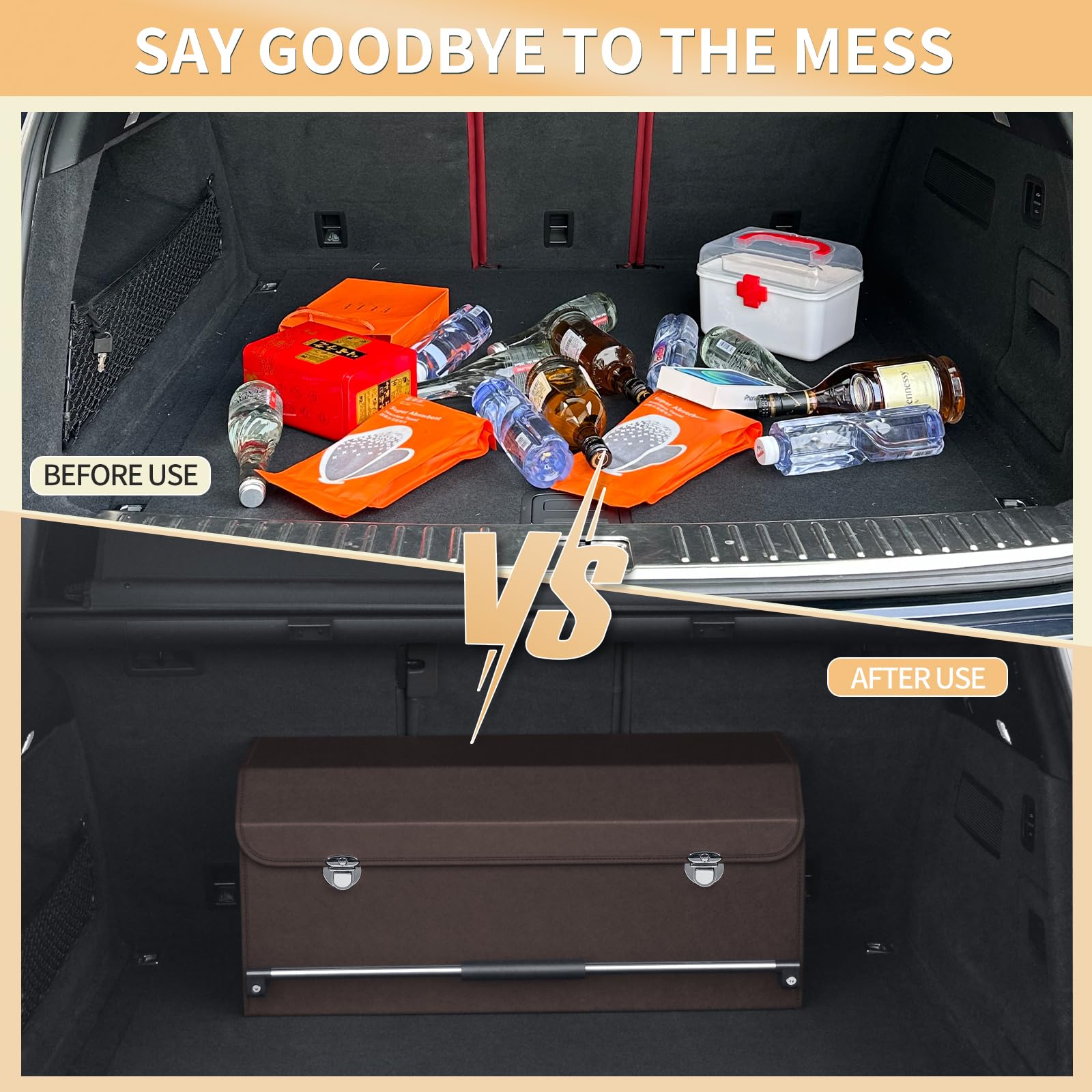 Organizador plegable de cuero para maletero de coche con tapa y asa resistente para SUV, camión, sedán, almacenamiento de coche (marrón, 69 x 29 x 31 cm)
