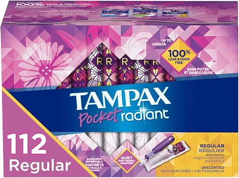 Tampax Pocket Radiant Plastic Tampons, Regular Absorbency, 112 Count, Unscented, Compact