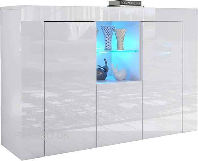Furneo Matt & High Gloss White Cabinet Cupboard Sideboard Unit Clifton05 Blue LED Light