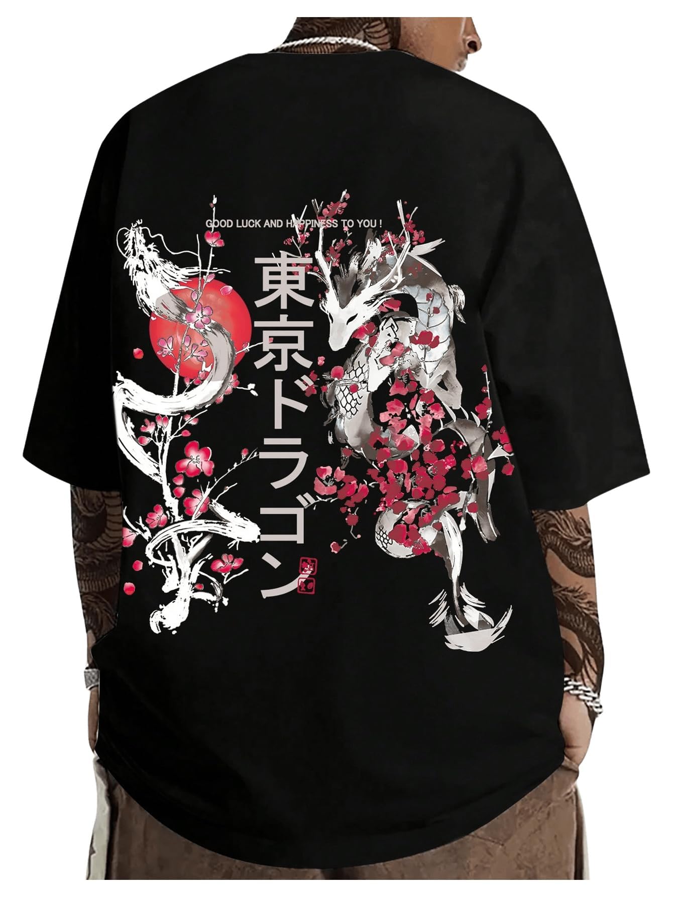 GORGLITTER Men's Japanese Letter Graphic Tee Top Oversized Short Sleeve Casual Aesthetic Print T-Shirt