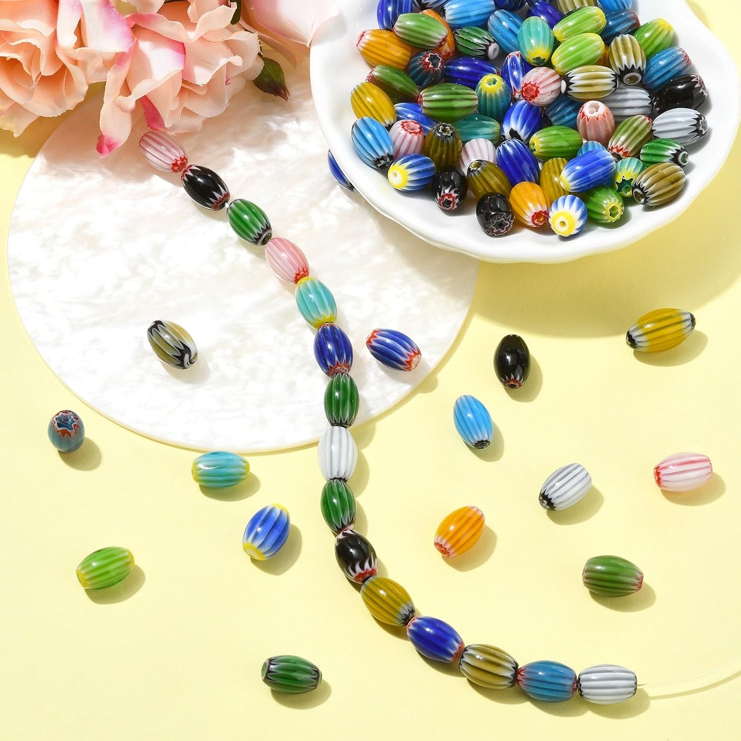 LiQunSweet 90 pcs 15 Colors Millefiori Handmade Lampwork Beads Vintage Oval Rice Glass Loose Beads for DIY Jewelry Bracelet Necklace Earring Crafts Bag Keychain Embellishment