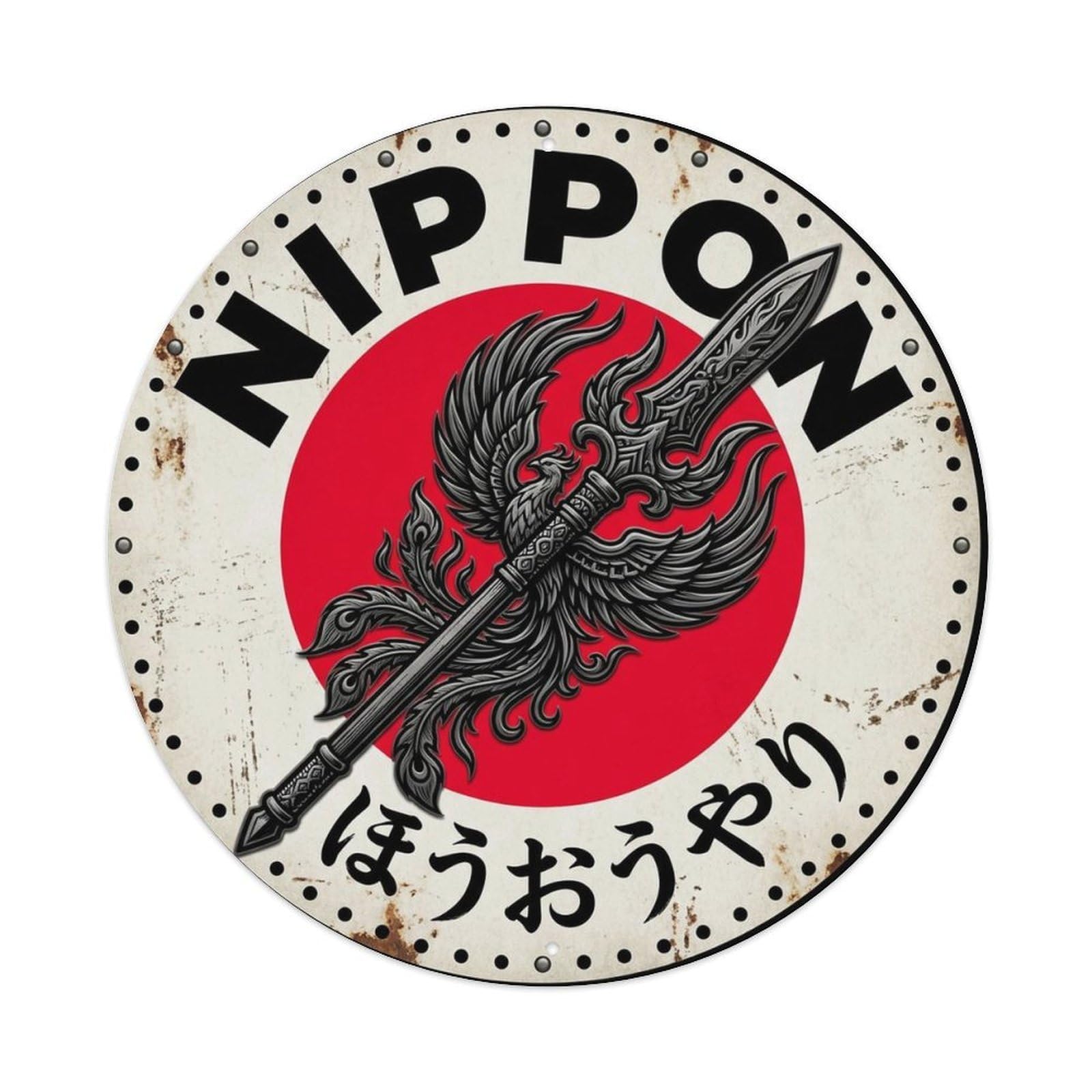 Phoenix Spear Nippon Mythical Bird Nihon Heritage Seal Metal Tin Sign Plaque Wall Decor for Cafe, Man Cave, Club Bar, Office, Home Garden Round Metal Poster 8x8Inch