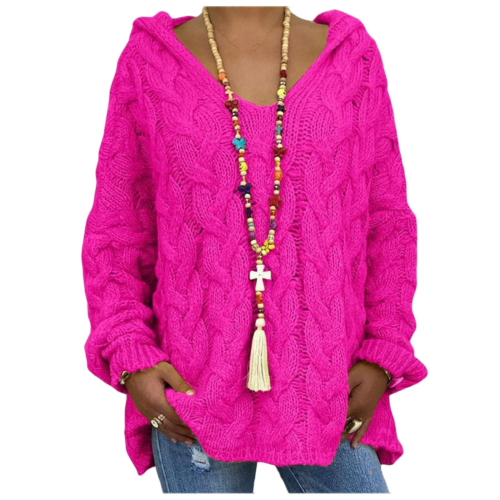 Womens Oversized Sweaters Chunky Cable Knit Pullover Sweater V Neck Hooded Sweatshirt Tops Casual Long Sleeve Shirt