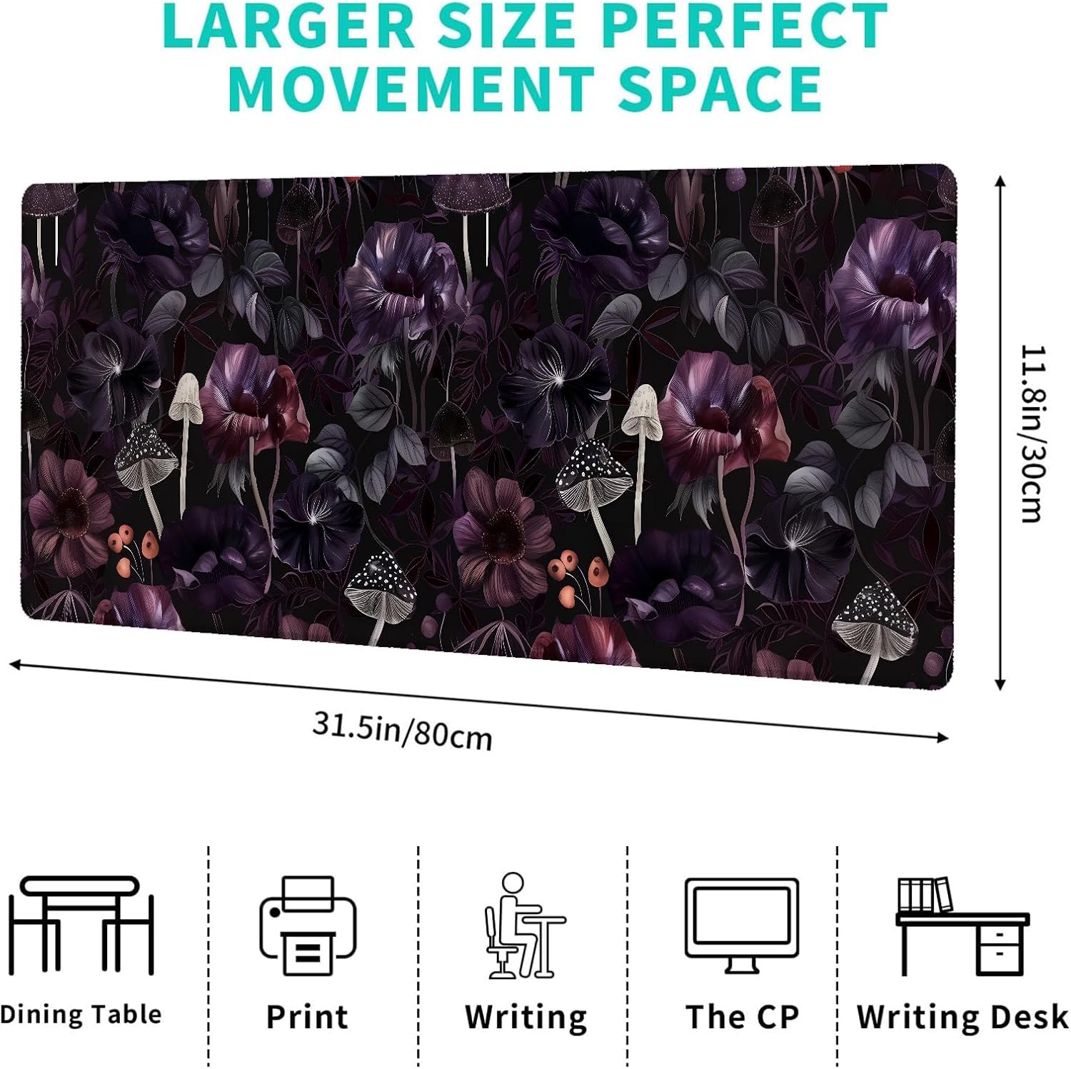 Dark Botanical Mushroom Gaming Mouse Pad – 12x31.5in Non-Slip Rubber Desk Mat with Gothic Floral Design – Large Extended Mousepad for Office Home – Deskmat Gifts for Nature and Dark Art Decor