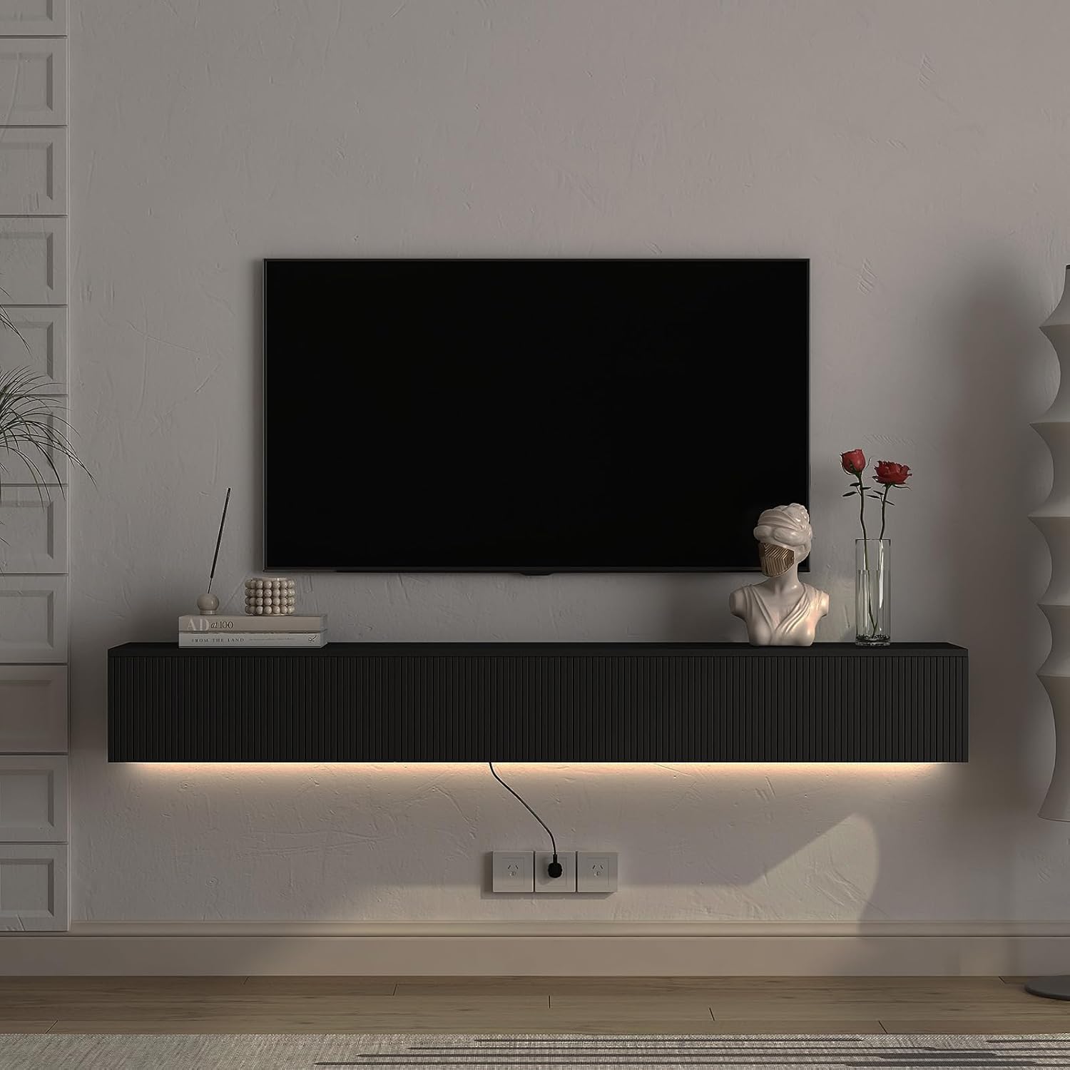 Floating TV Stand, Wall Mounted TV Shelf with LED Lights & Power Outlet, 68.8" Modern Entertainment Center Media Console with Storage with 3 Fluted Flip-Down Doors for Living Room,Bedroom(Black)