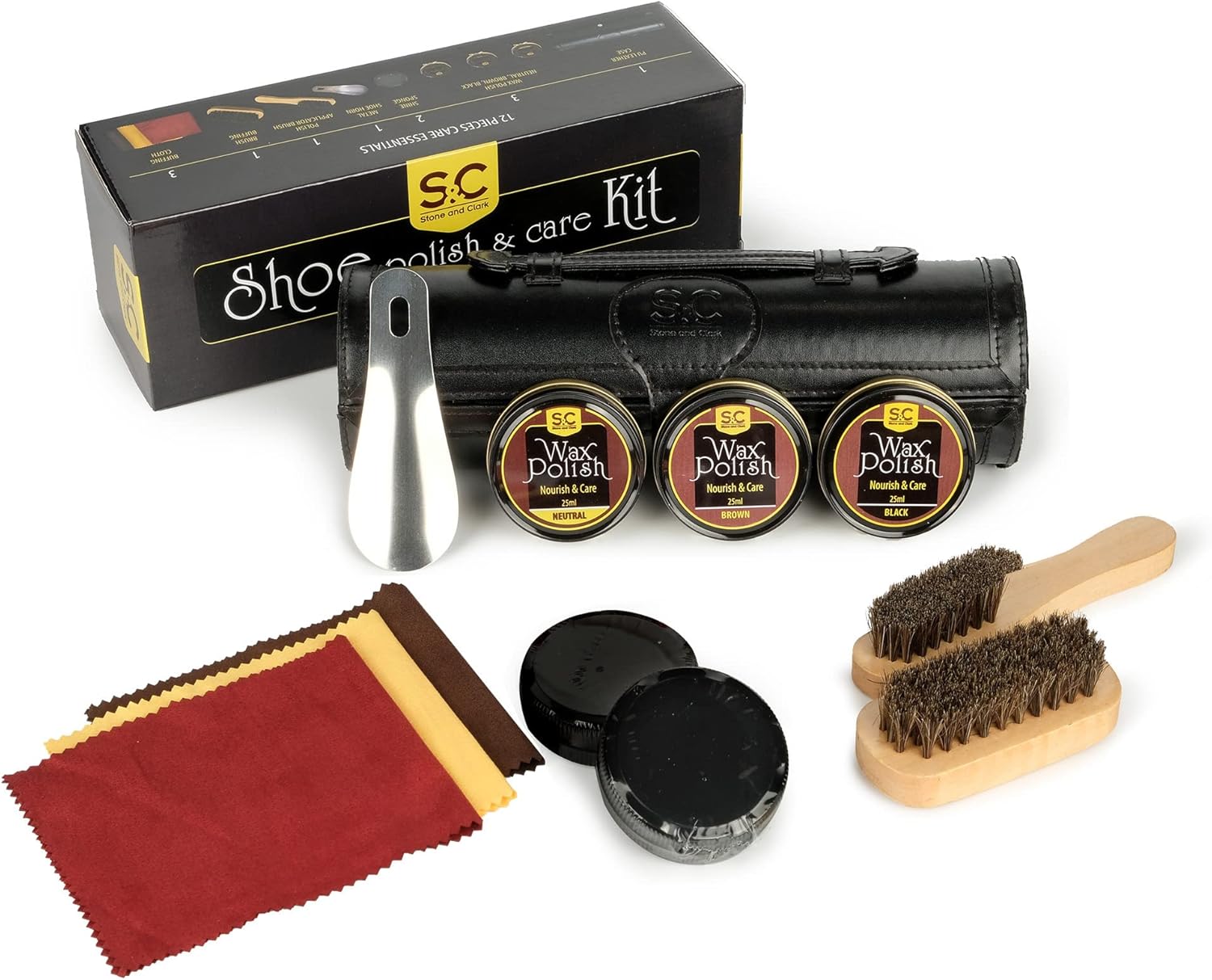 Stone and Clark Leather Shoe Shine Kit - 13 PCS Shoe Polish Kit for Complete Leather Boot Care, Compact & Travel Friendly