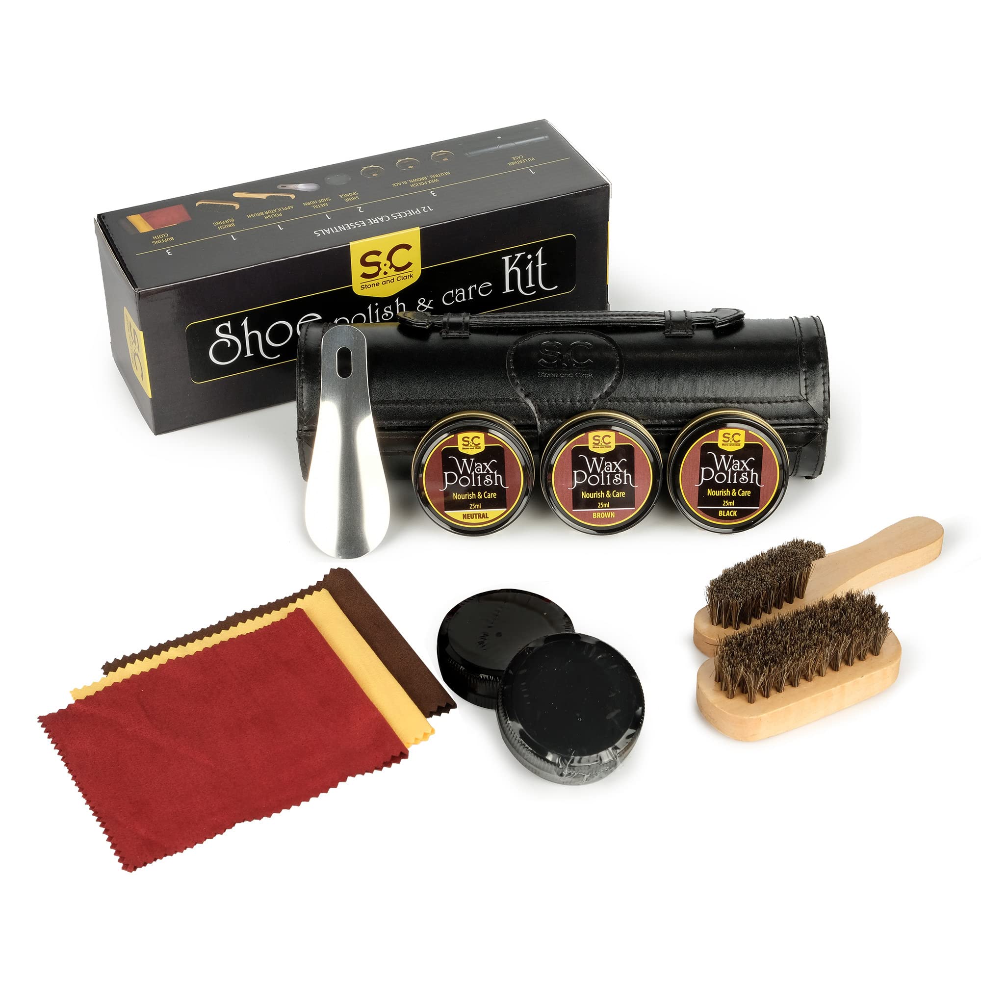 Stone & Clark Kit de cirage et d'entretien 12 pièces pour cuir avec cire marron, brosses à chaussures pour polissage
